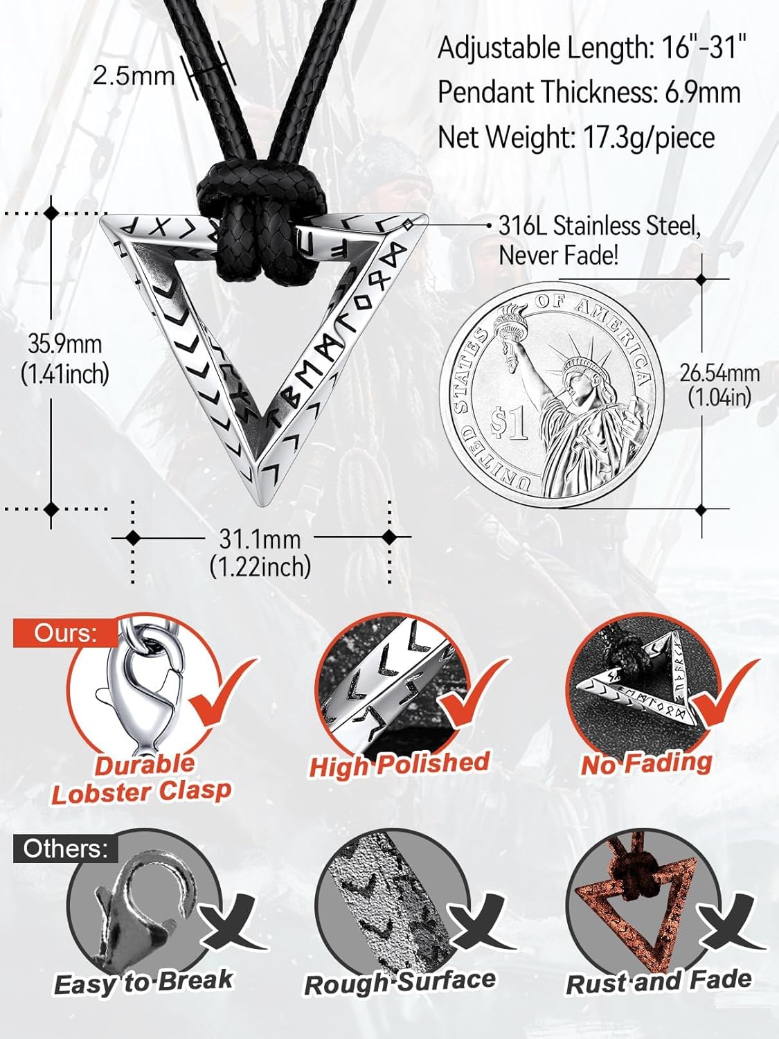 FaithHeart Norse Viking Rune Necklace with Adjustable Braided Leather/Stainless Steel Rope Chains for Men Women, Vintage Amulet Jewelry Gift with Delicate Box - Image 6