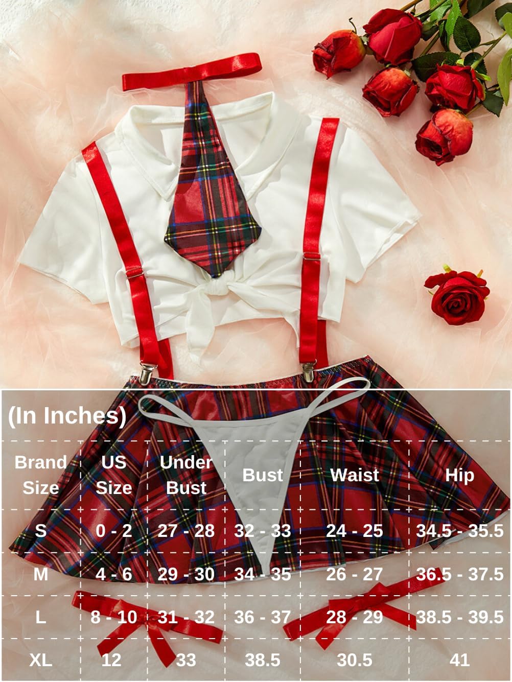 ShawGobow 5 Piece Cosplay Costumes For Women,Halloween Lingerie Outfits,Tie Crop Top & Plaid Skirt Set