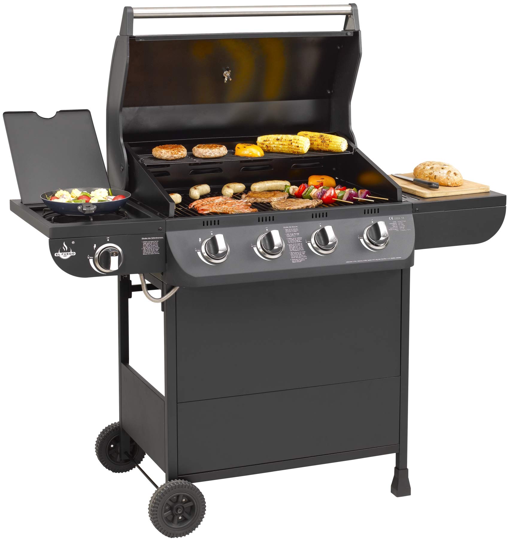 Gasgrill "COLUMBUS" von El Fuego® 4 + 1 Brenner Grill Smoker Grillwagen BBQ, inkl. Seitenbrenner, verchromter Warmhalterost, Brenner aus Edelstahl, auf Rädern AY 563