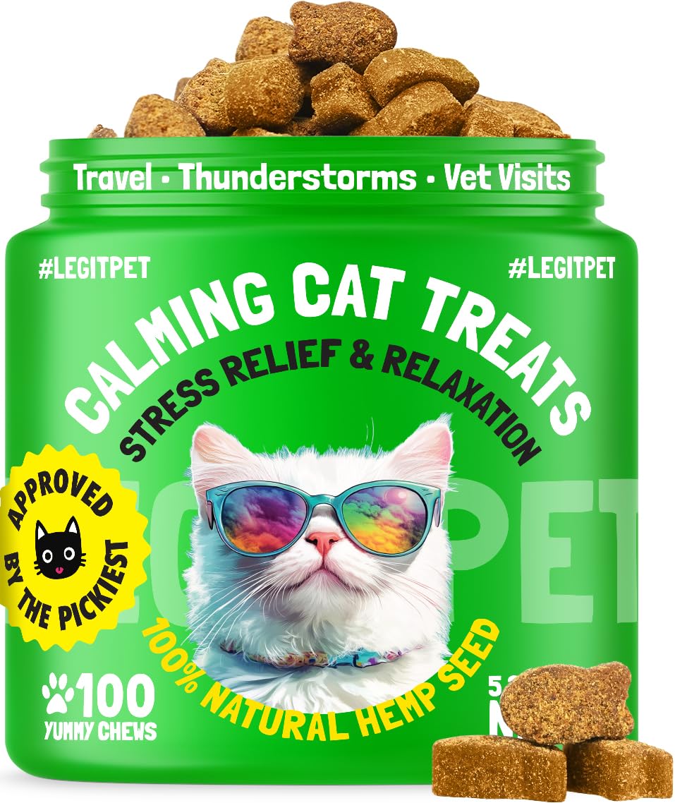 LEGITPET Cat Calming Treats Natural Anxiety Relief for Indoor Cats Stress & Travel Storm Separation Support Helps with Vet Visits, Grooming & Loud Noises Soothing Behavior Aid 100 Yummy Chews