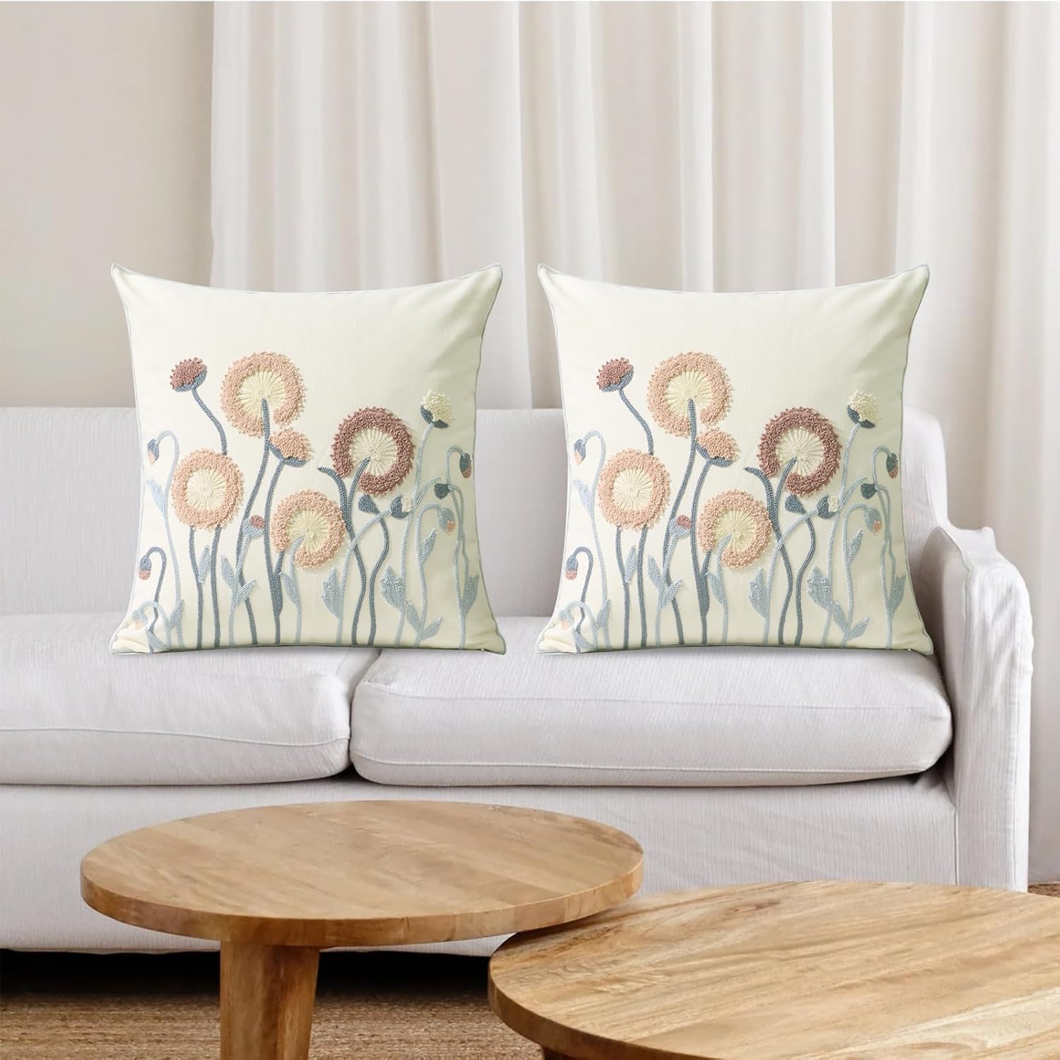 Pack of 2 Embroidered Throw Pillows Cover 18x18 Inch Decorative Pillowcase for Living Room Sofa Bed (Dandelion)