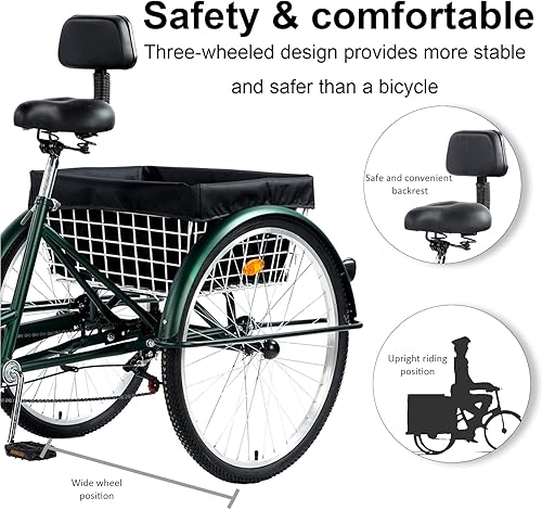 Miniatura 25 de Triciclo para adultos de 24/26 pulgadas, 7 velocidades, triciclos de montaña de 3 ruedas, bicicletas de tres ruedas con cesta y asiento de respaldo