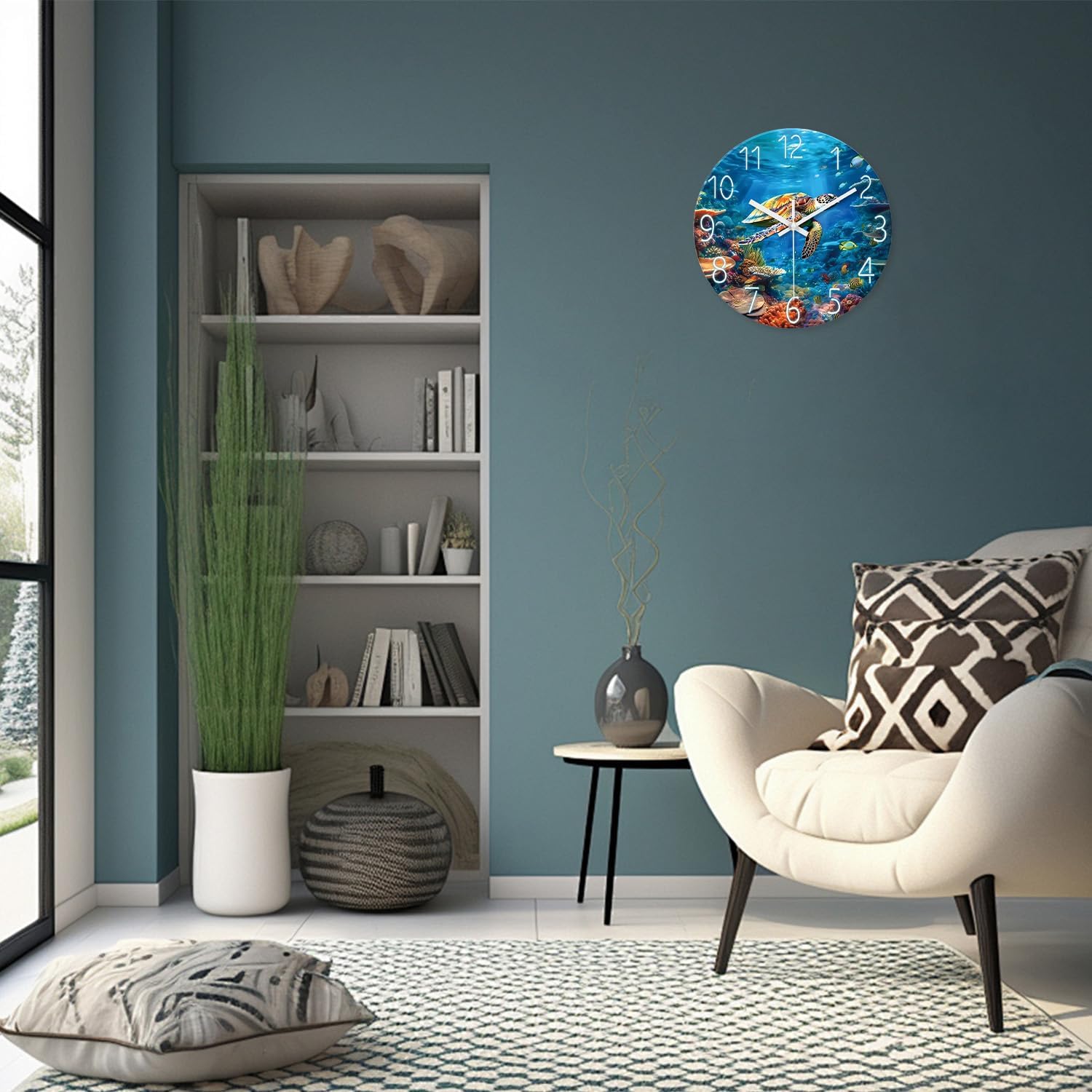 XNM Blue Sea Turtle Glass Clocks for Living Room Decor Ocean Large Wall Clocks Battery Operated 16 Inch Silent Wall Clock Modern