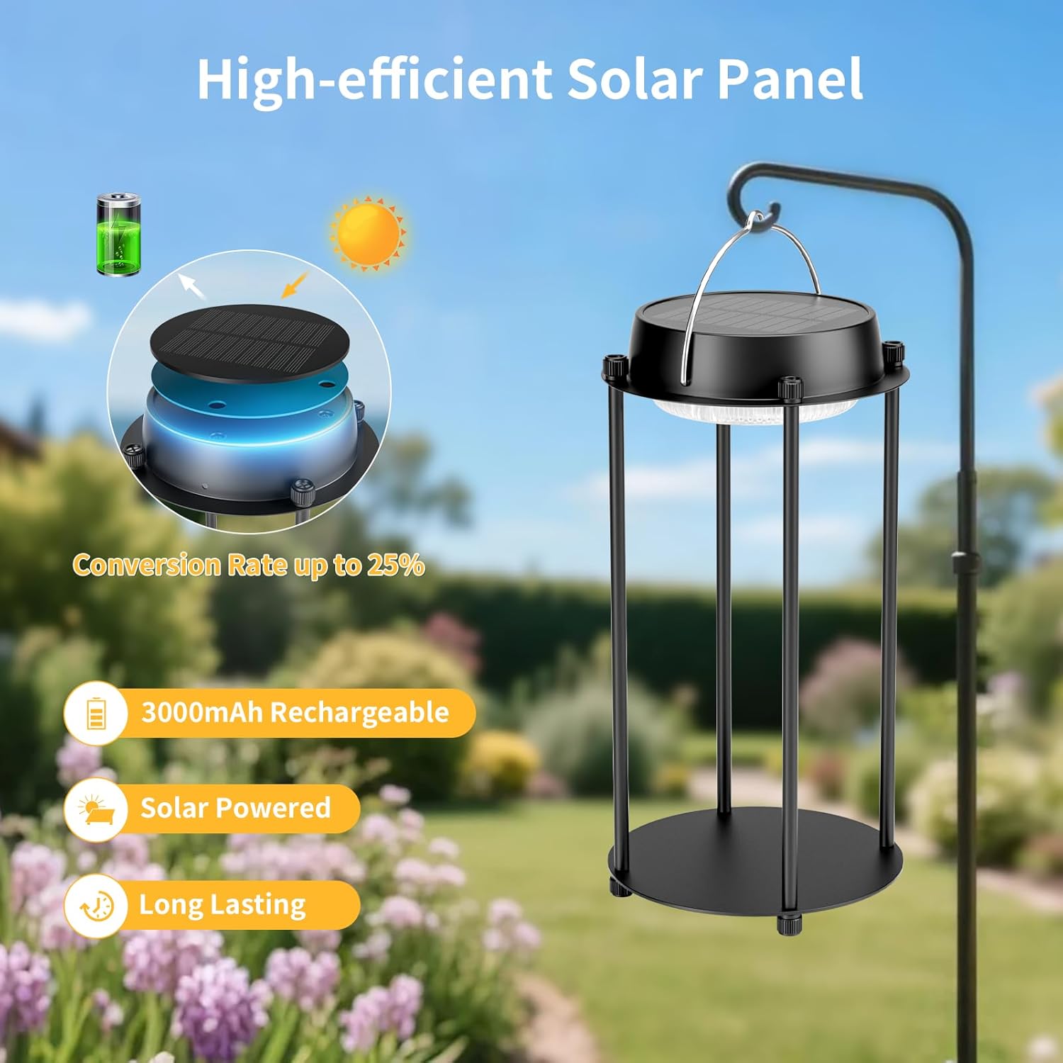 BSgifts Solar Lanterns Outdoor Waterproof, LED Hanging Solar Lights for Outside, 3 Color Modes Dimmable, Rechargeable Table Lamp Indoor Decor, Solar Powered Lantern for Garden Yard Porch Patio, Black
