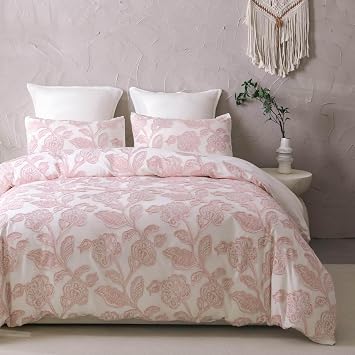 meadow park Cotton Clipped Jacquard Duvet Cover Set Twin, 2 Pieces Jacobean Floral Bedding Set Pink, Twin