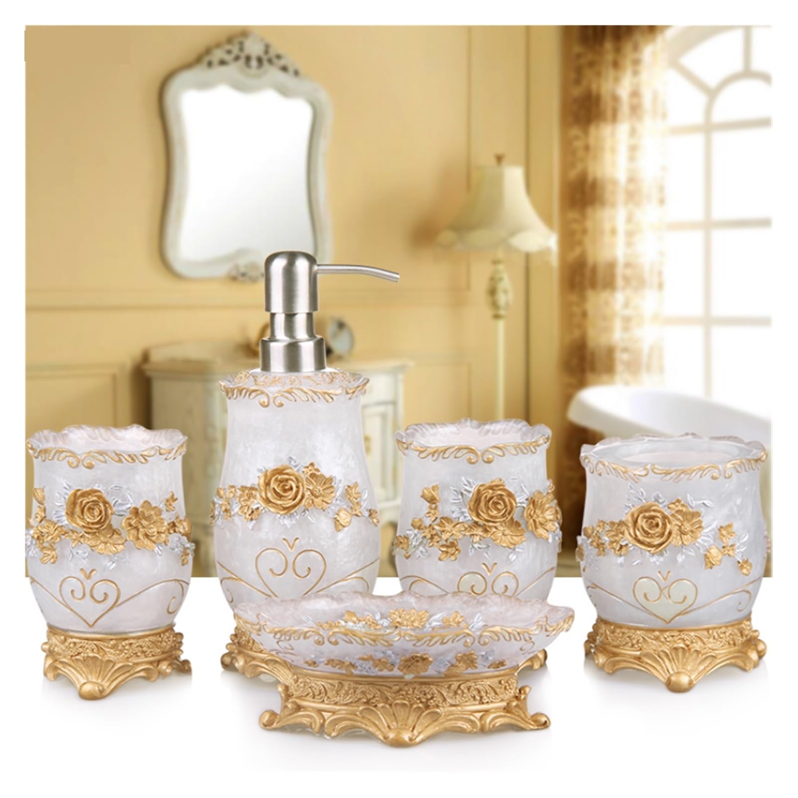 Set Dispensador Jabon Baño Juego de baño de resina for el hogar, dispensador de jabón, soporte for cepillo de dientes, taza, jabonera, bandeja, cepillo de baño, juego de almacenamiento de papelera(5pc
