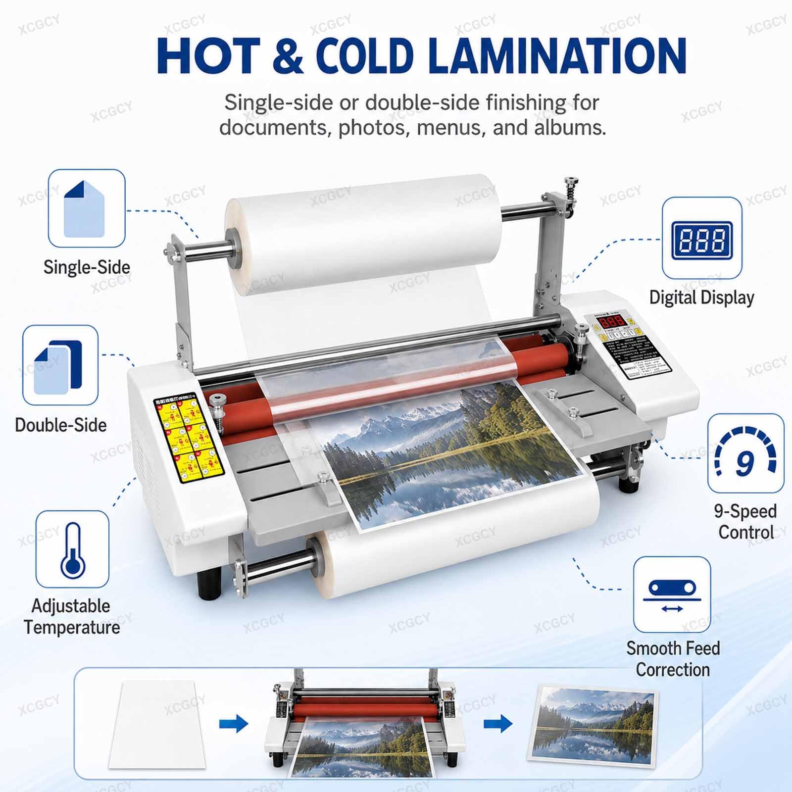 Maszyna do laminowania na zimno, jedno- i dwustronny laminator termiczny, laminator rolkowy A4+ 22 cm z regulacją temperatury 0-180°c, prędkość 0,3-3 m/min, do użytku w szkole biurowej drukarni