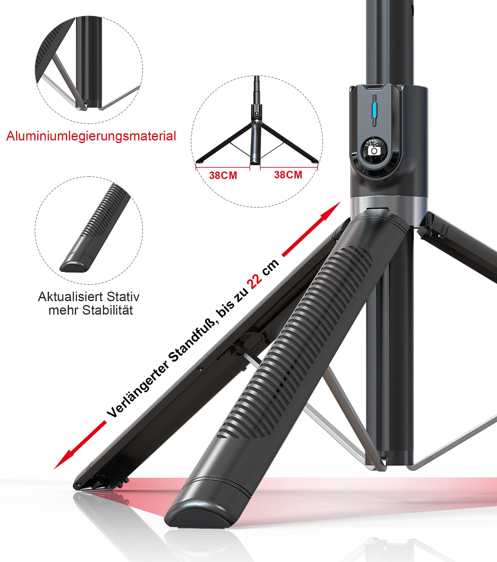 Selfie Stick Handy Stativ für Smartphone - ASHINER 180cm Hoher Handyhalter mit Fernbedienung und LED Fülllichtern für Reisen, Vlogging, Live-Streaming, Handyhalterung Kompatibel mit iPhone und Android