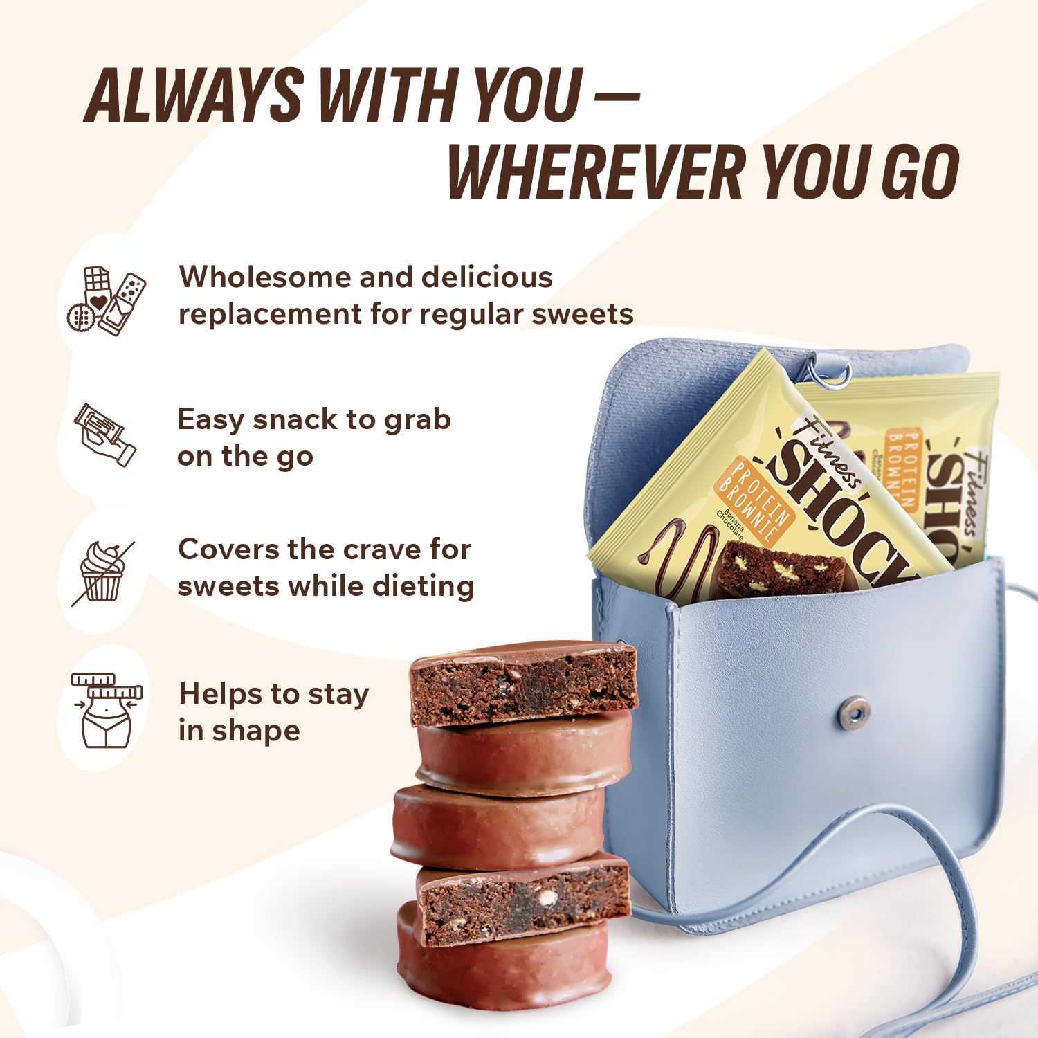 FitnesSHOCK Chocolate Brownie No Added Sugar, 15% Protein, satiating dietary fibre, Soft Texture, 10 Pieces, 50g - Banana Flavour