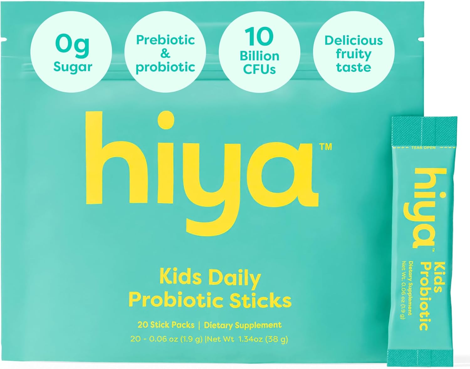 Hiya Kids Probiotic – 10 Billion CFU with Clinically-Studied Strains for Ages 2+, Supports Gut Health & Immune, 0g Sugar – 20 Stick Packs for Toddlers & Kids
