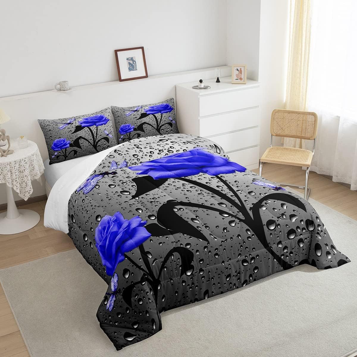 Erosebridal Dragonfly Queen Comforter Set Blue Rose Bedding Set Dragonfly Decor,Floral Rustic Flowers Quilt Dragon Fly Gifts for Mom,Aesthetic Animal Farmhouse Decor Dragonfly Gifts for Women