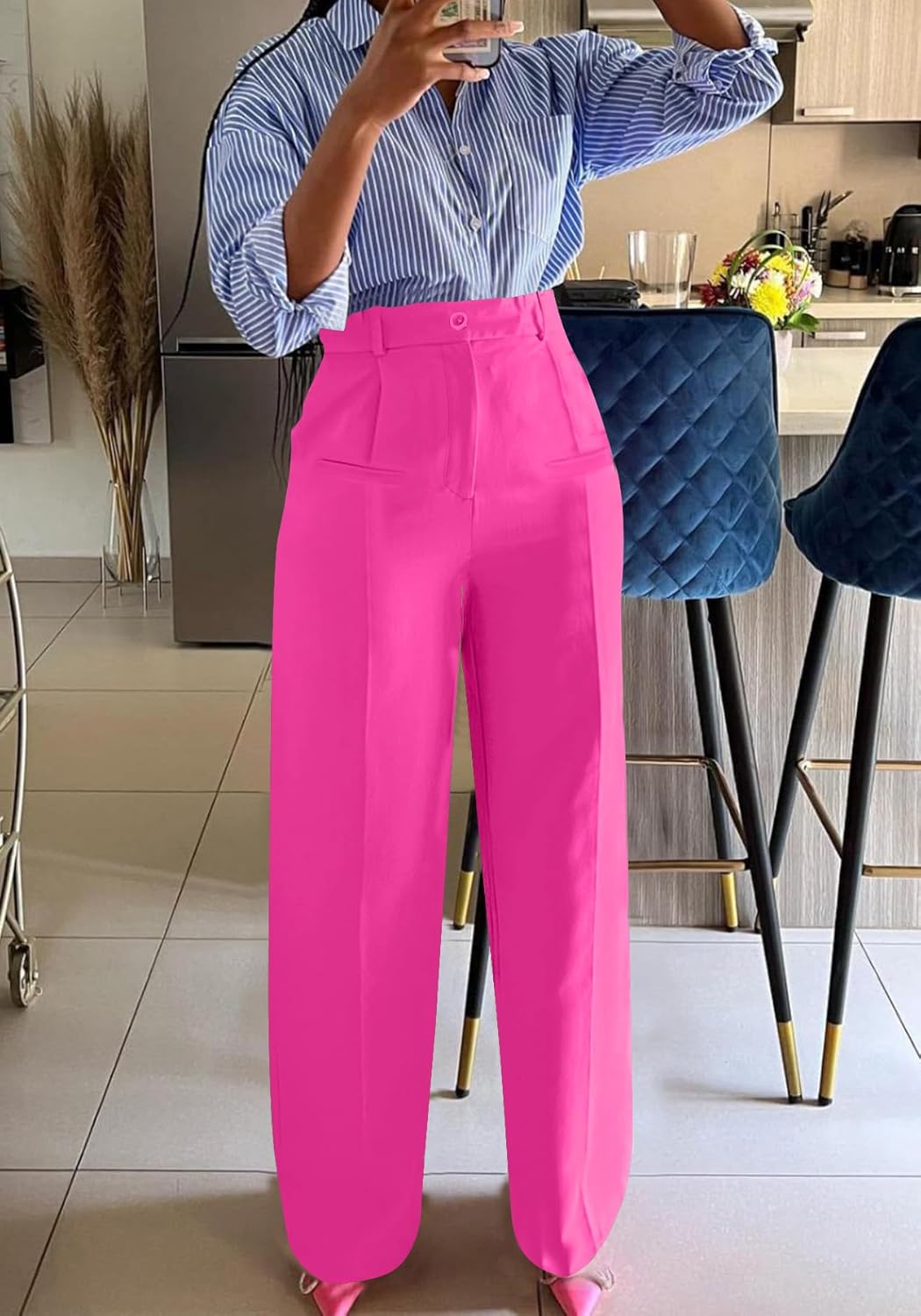 Tbahhir Women High Waisted Work Pants Wide Leg Dress Pants Straight Trousers Casual Business Slacks with Pockets - Image 2