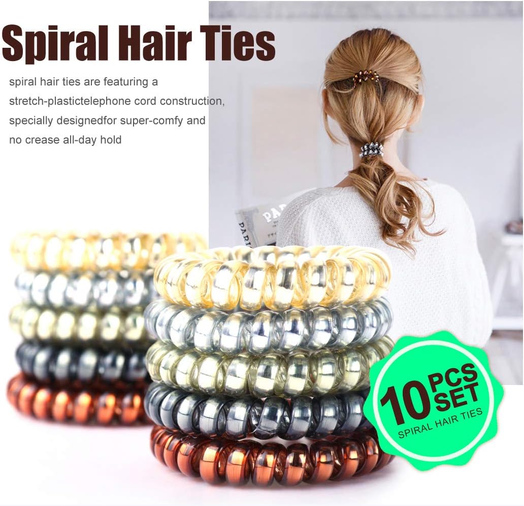 Spiral Hair Ties for Women by Rejawece, Elastic Coil Hair Ties for Girls, Elastic Hair band bands for women's hair,Phone Cord Hair Ties No Crease - 10pcs with 5 Colors set