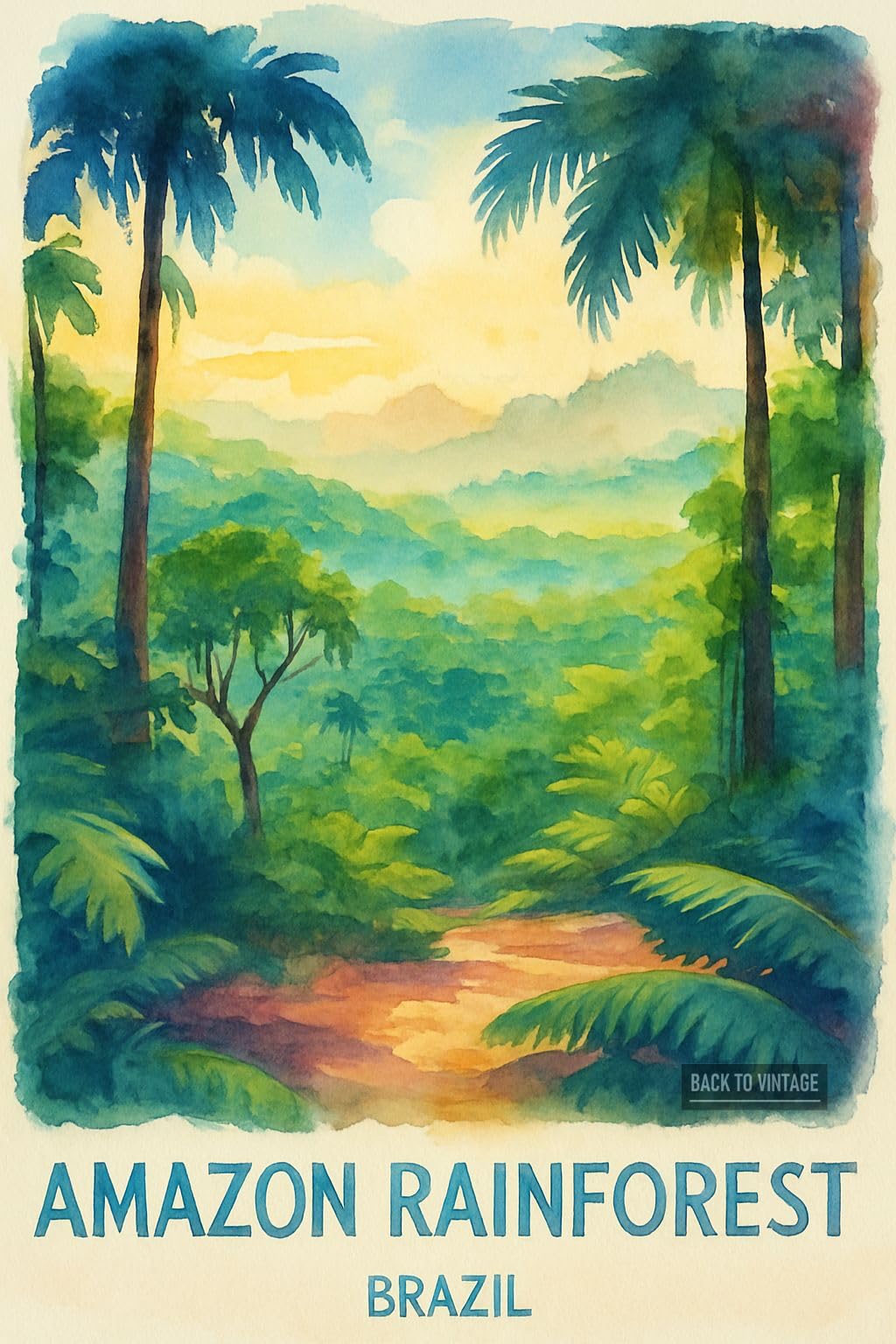 Back To Vintage Multicoloured Lush Amazon Rainforest Landscape - A4 Travel City Poster Wall Art Home Decor Art Print With Iconic Landmarks And Global Views For Culture Inspired