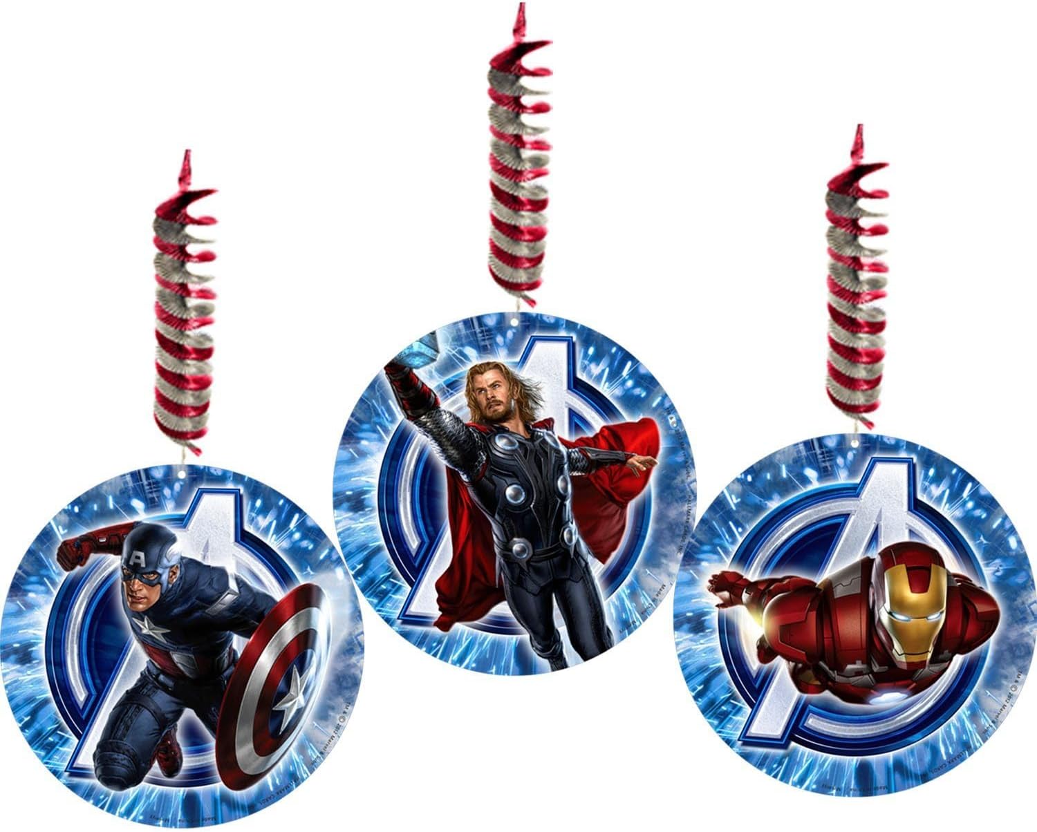 Avengers Superhero Birthday Party Supplies Decoration Bundle includes 6 Hanging Swirl Decorations with Cutouts and 1 Dinosaur Sticker Sheet