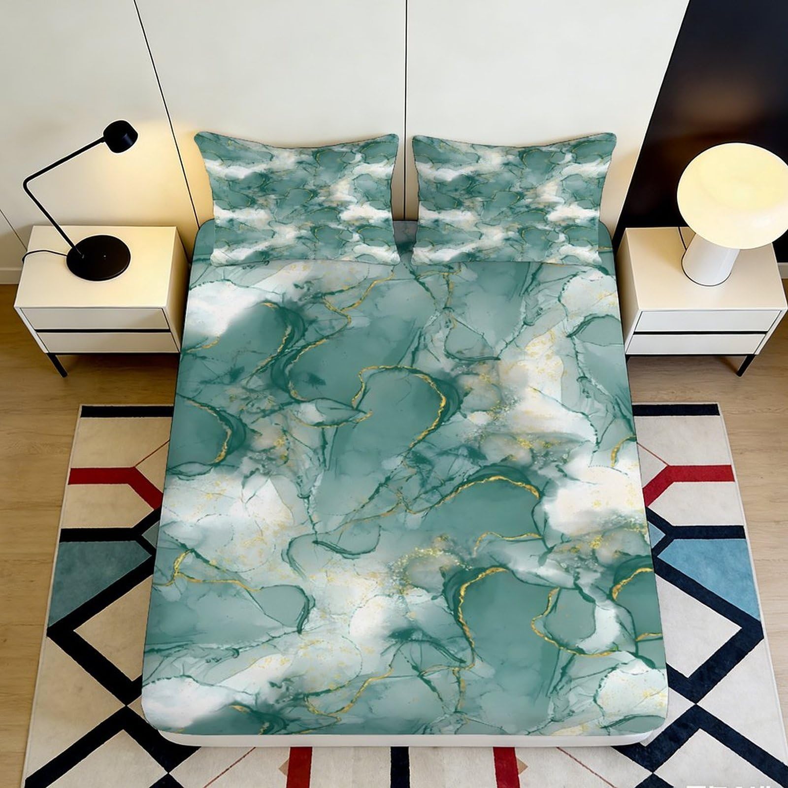 Modern abstract green marble Fitted Sheet, 3D Printed, soft touch Microfiber, wrinkle resistant, for bedroom or guest room, apartment bedding, easy care, 115 90x200x25cm
