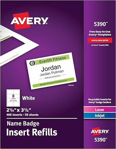 Avery Insertos personalizables para insignias de nombre, 2.25 x 3.5 pulgadas, blanco, 400 etiquetas de nombre imprimibles (5390) (paquete de 5)