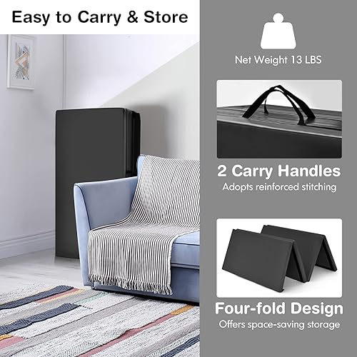 Miniatura 4 de GYMAX Colchoneta de gimnasia, 4 x 8 x 2 pulgadas, plegable, gruesa, con asas de transporte y costuras resistentes, cubierta de piel sintética