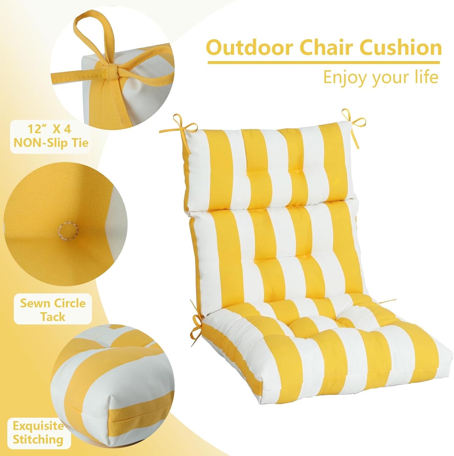 High Back Chair Cushions Set of 2, Adirondack Chair Cushion with Waterproof, Rocking Chair Cushion for Outdoor Patio, Garden Porch 45”x 22”x 4 (2, Yellow and White B)