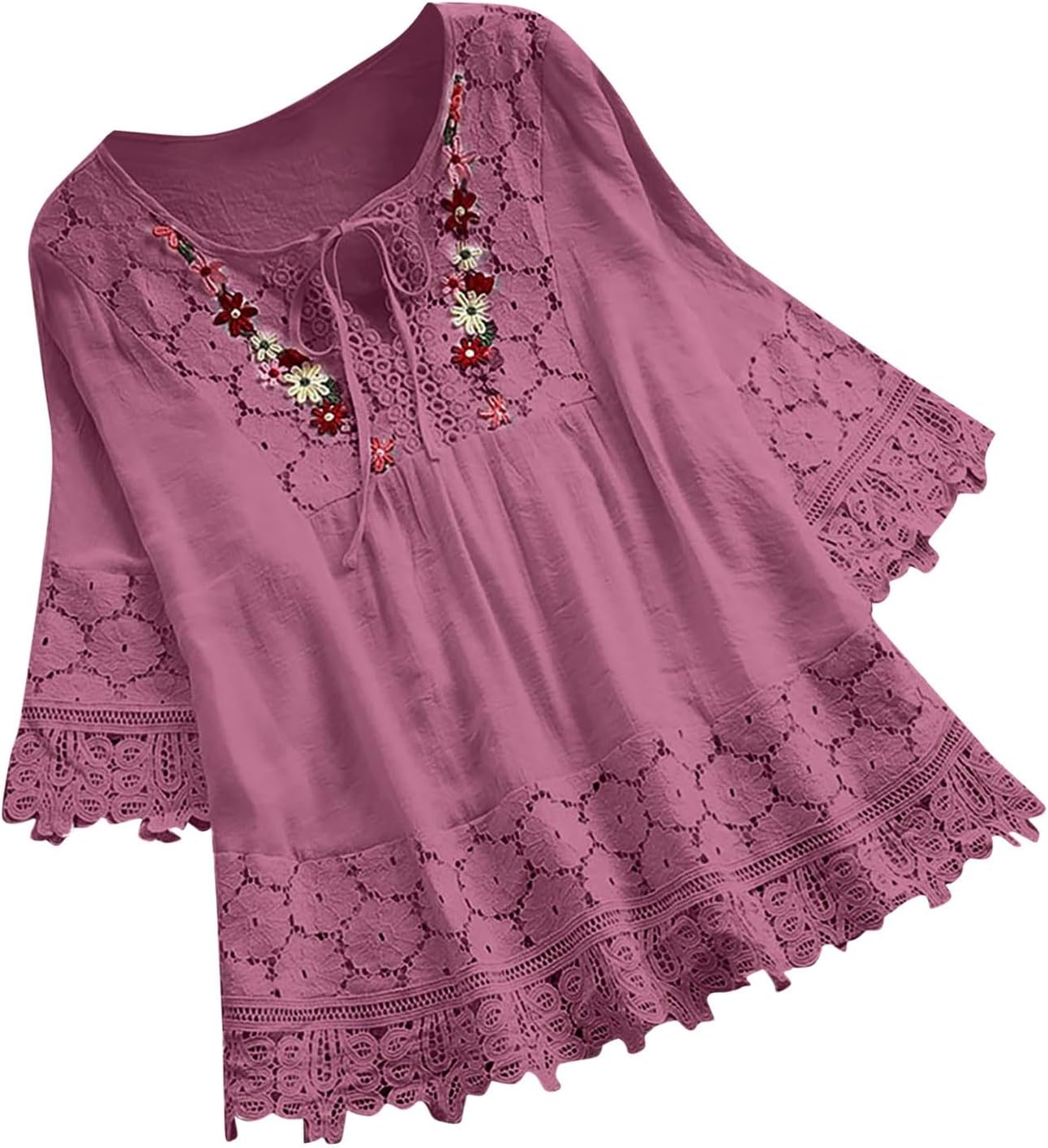 XPSJBBBEmbroidered Tops for Women Plus Size Vintage Lace Patchwork Bow V-Neck Tops Half Sleeve Boho Cute Mexican T-Shirt