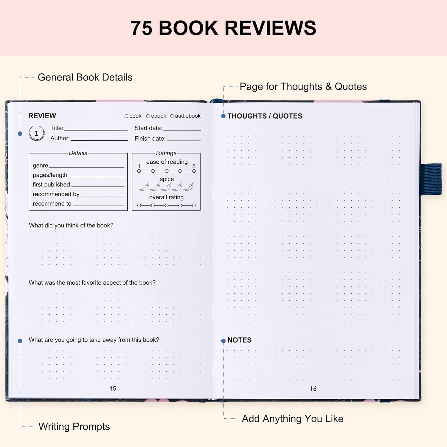 Reading Journal for Book Lovers - 75 Book Journal Reading Log for Book Tracking, A5 Linen Book Review Journal with TBR Tracker List, Ratings, Challenges, Prompts, and Index - Peony - Image 4
