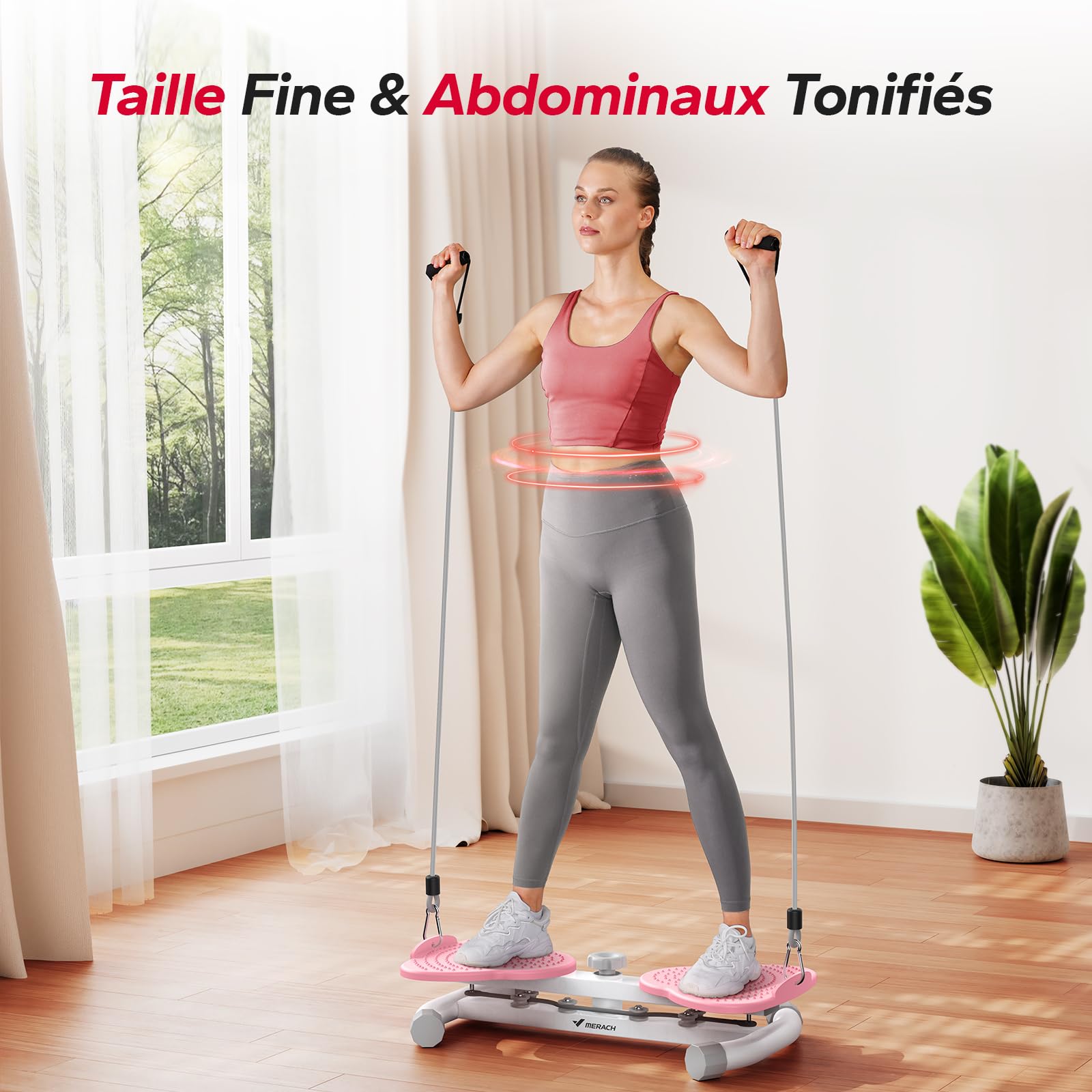 MERACH Twist Waist Board, Twist Disque de Taille avec 2 Élastiques de Résistance, Planche à Torsion Fitness pour l'Entraînement de la Taille＆Hanches, Faible Bruit, 136 KG Max pour Maison