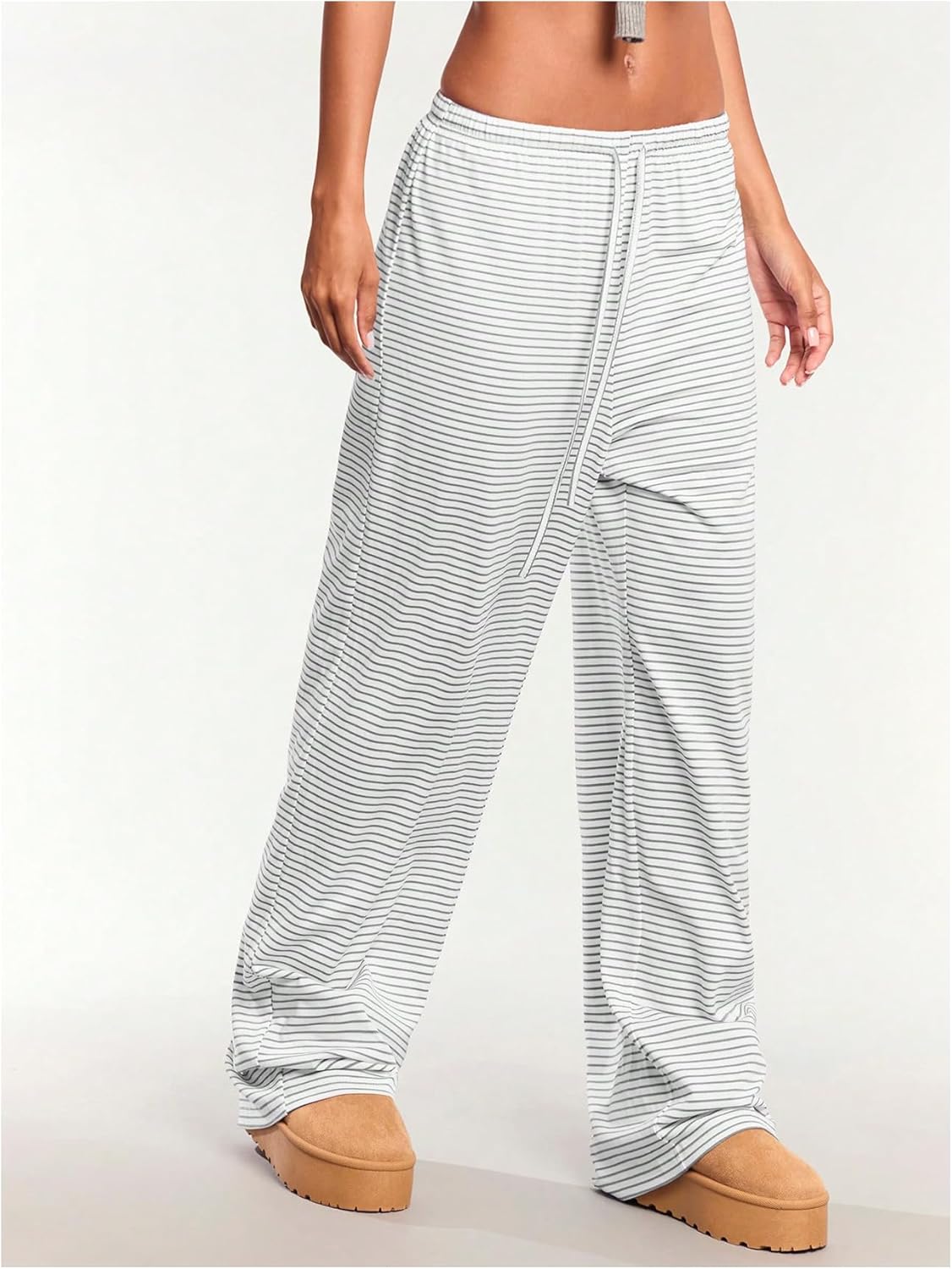 WDIRARA Women's Striped Drawstring Elastic Waist Pants Wide Leg Loose Lounge Pants - Image 4
