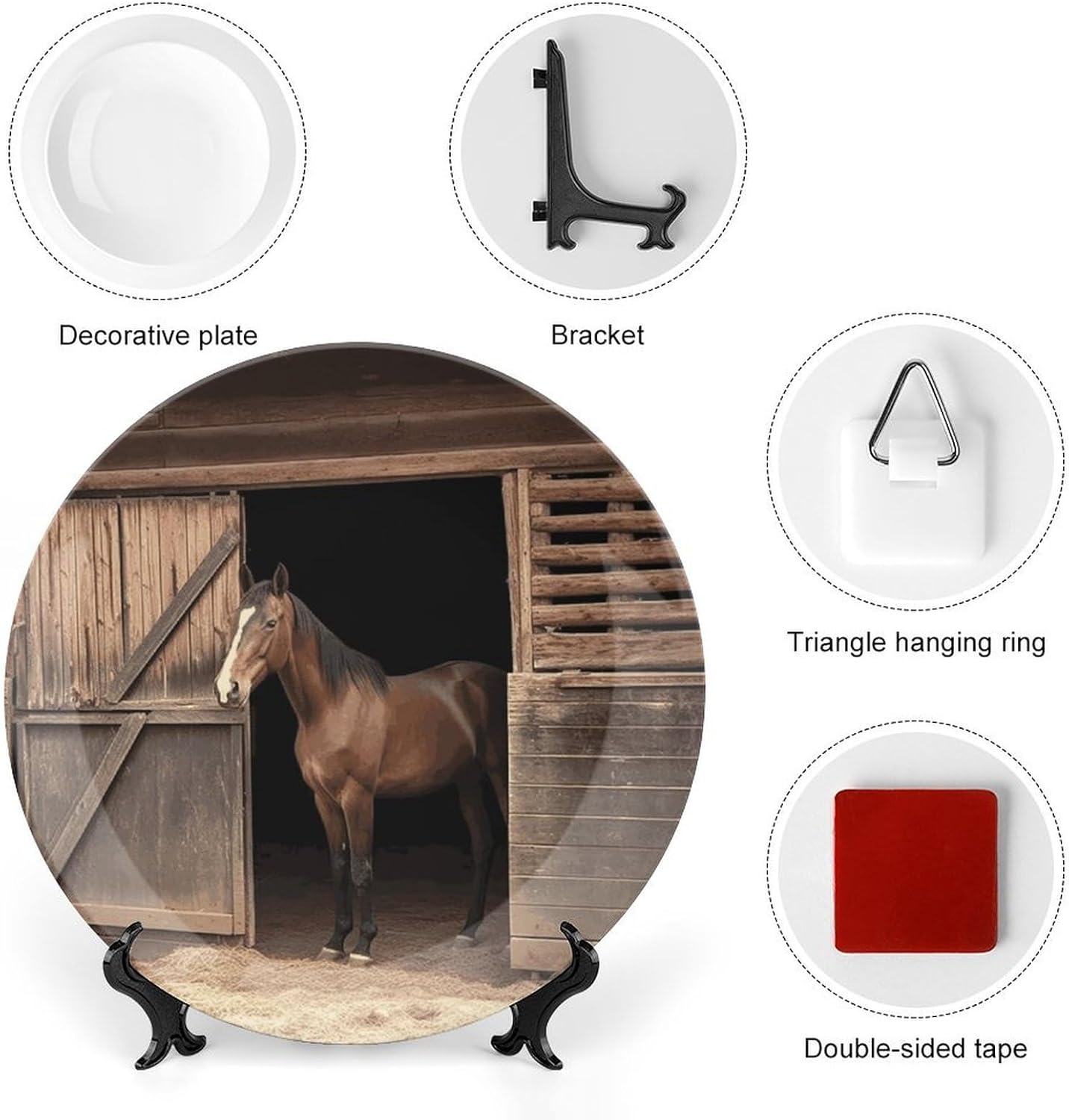 Barn Horse Decorative Plates for Display Round Porcelain Plate Living Room Table Ceramic Hanging Decorative Plate Art Decor for Living Room Table with 1 Display Stand 10inch
