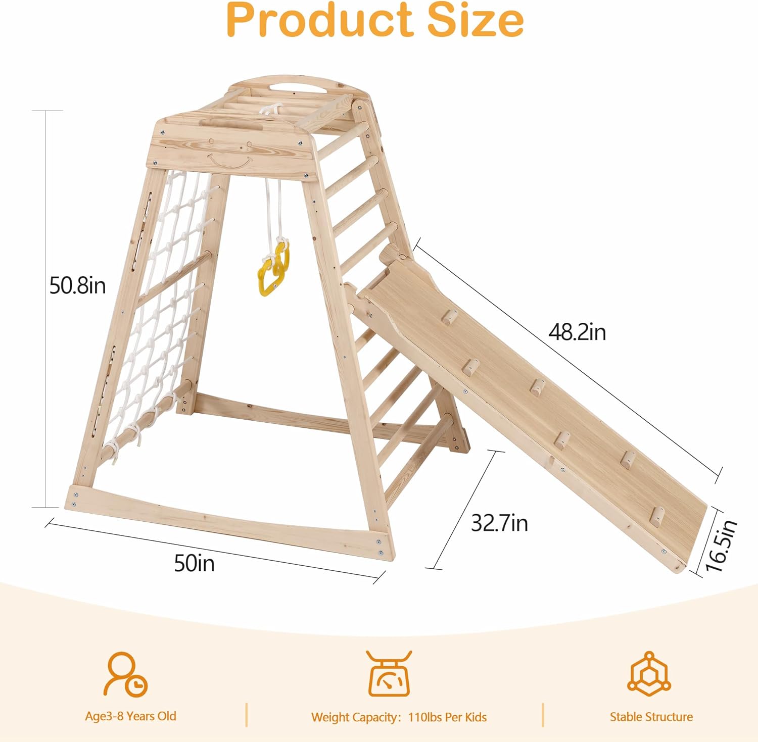 Indoor Jungle Gym, Wooden Indoor Playground, (7 in 1) Toddler Climbing Toys, Gym with Slide, Climbing Net, Swing, Gymnastics Ring