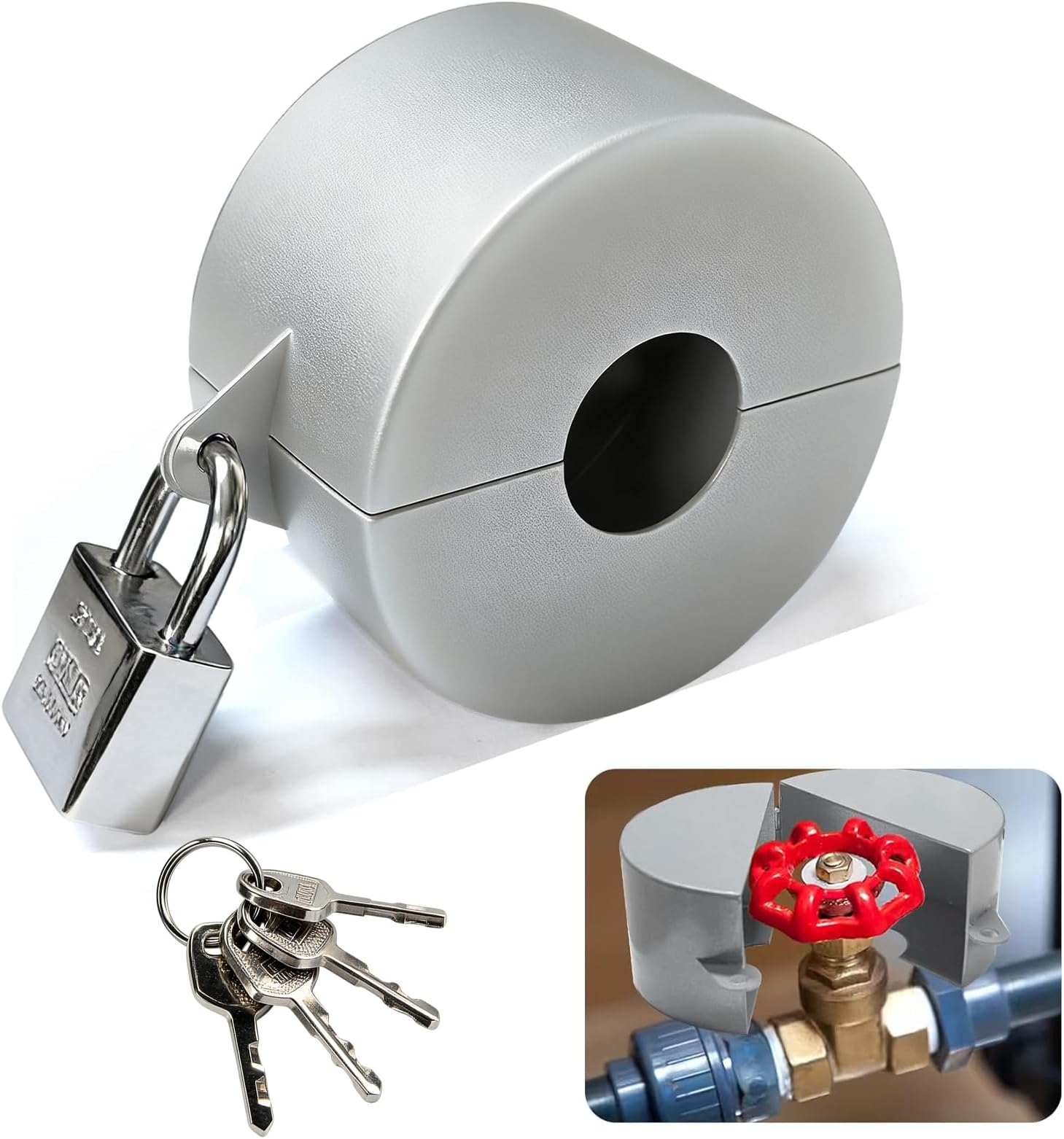 Metal Gate Valve Locking Device with Lock - Gas Valve Locks, Water Spigot Lock, for 1-1/2 to 3 in Dia Valve Handles, Prevent Water Theft, Unauthorized Water Use (Silver)