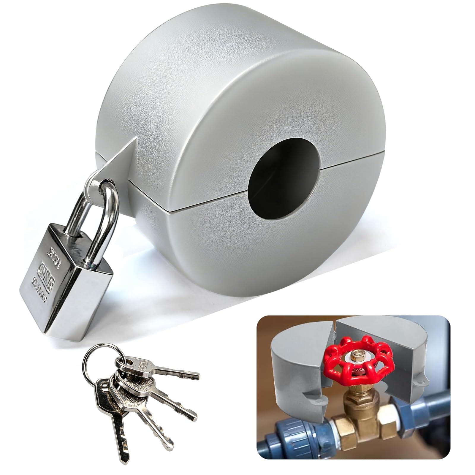 Metal Gate Valve Locking Device with Lock - Gas Valve Locks, Water Spigot Lock, for 1-1/2 to 3 in Dia Valve Handles, Prevent Water Theft, Unauthorized Water Use (Silver)
