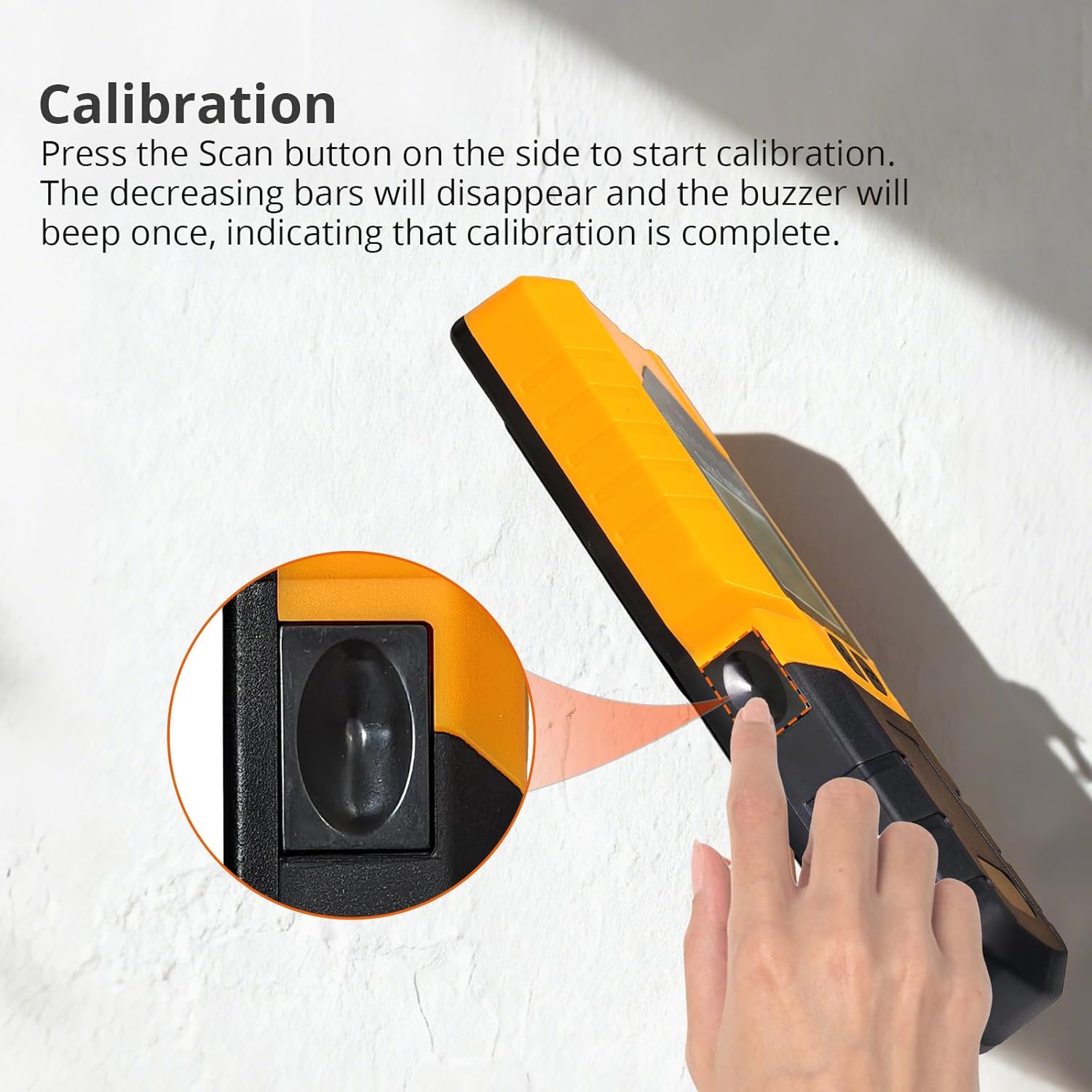 A hand pressing the side scan button on the Proster T50 Stud Finder to initiate calibration.