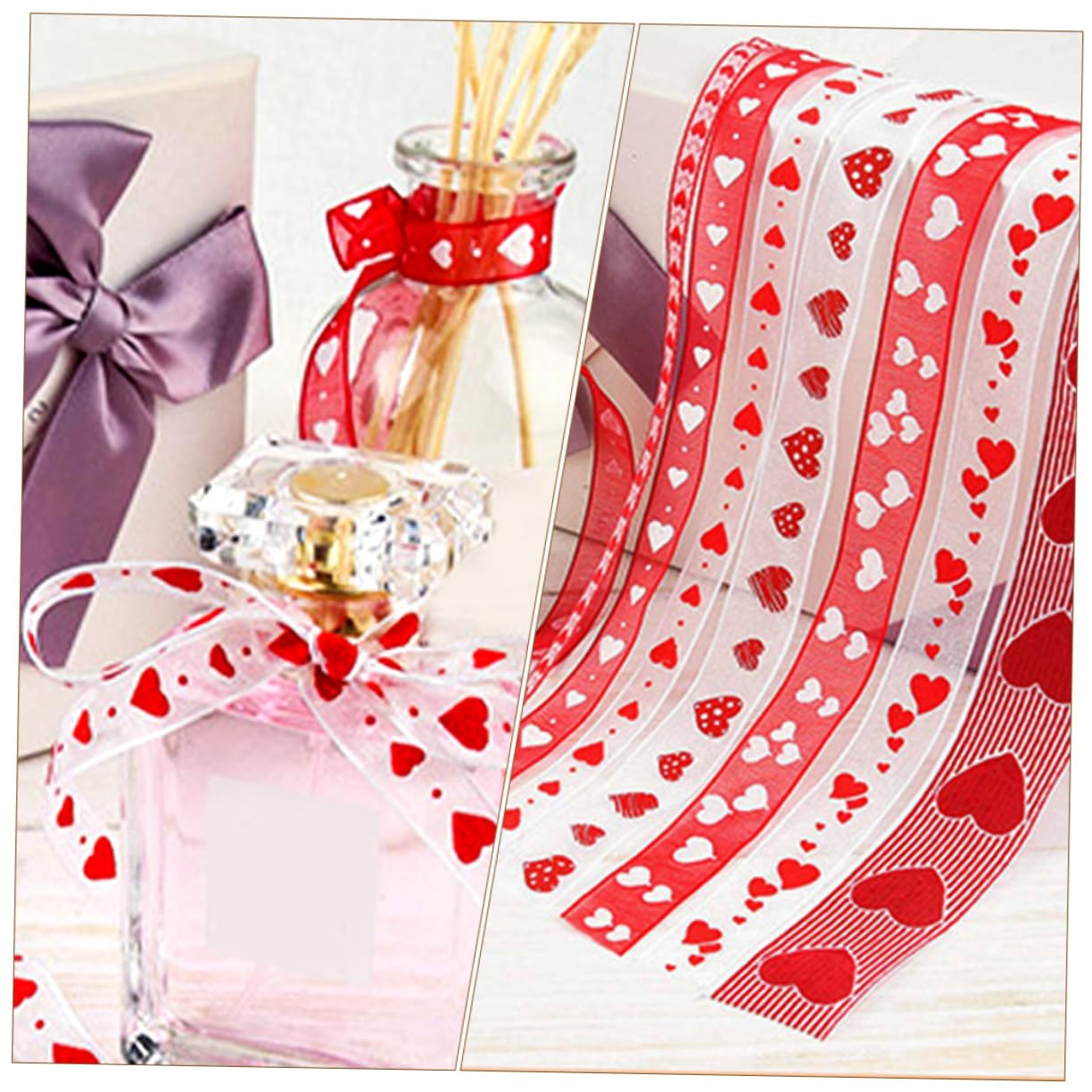 SHINEOFI 4 Sätze Valentinstag Bänder Bögen Stift Aufkleber Verpackungsband Herz Valentinsgrüße Strasssteine Hochzeitsband Sackleinen Liebe Gold Banddekor Partybänder Polyester 3 Rollen * 4