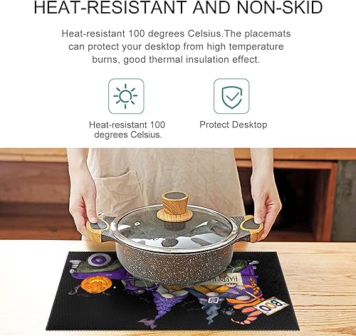 Miniatura 6 de visesunny Juego de 6 manteles individuales para decoración de escritorio, diseño de camión de Halloween, lindo gnomo, calabaza, juego de 6 manteles