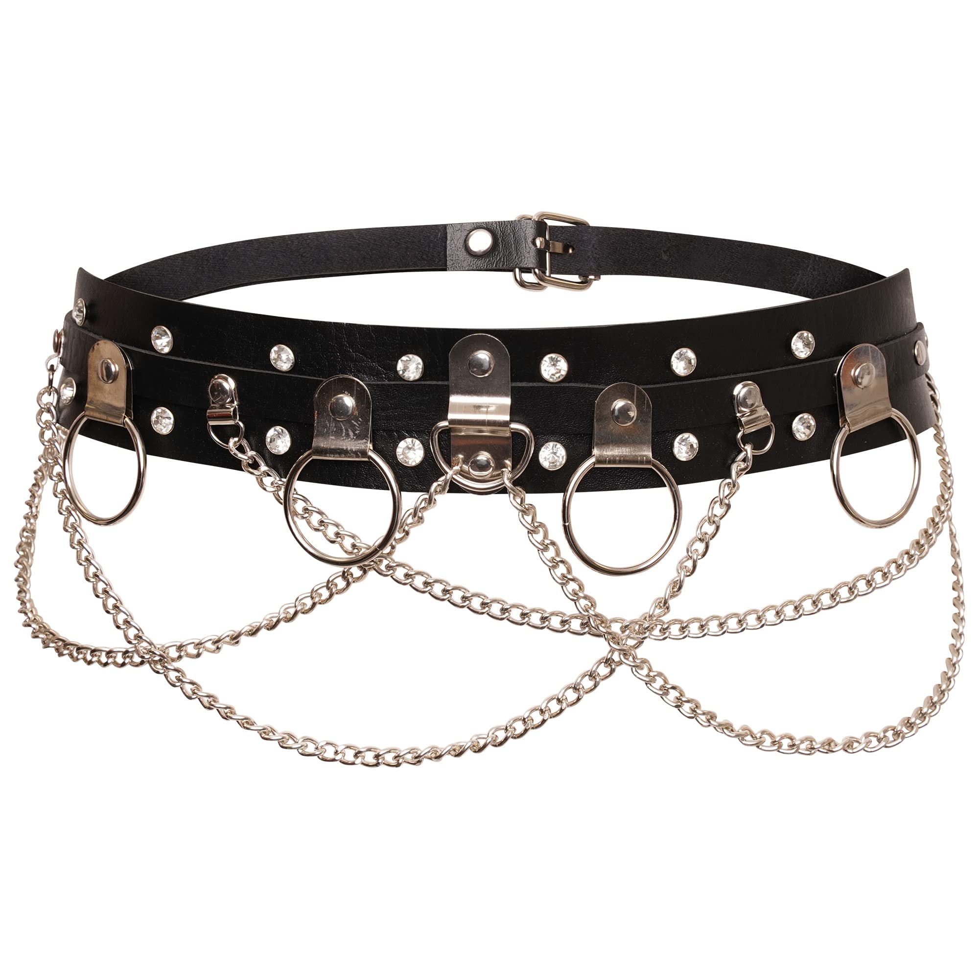 Ro Rox Stud Belt O-Ring D-Ring Chain Parker Faux Leather Gothic Punk Grunge - Black - M