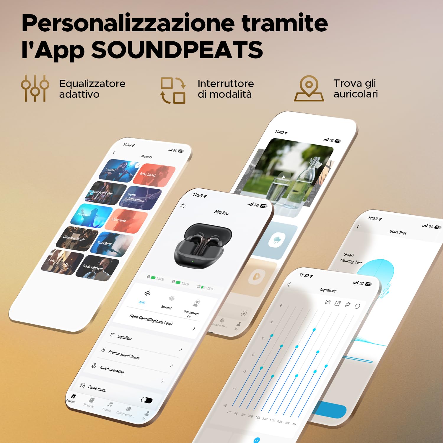 SoundPEATS Air5 Pro Cuffie Bluetooth 5.4 In-Ear, ANC Ibrido Fino a 55 dB, Hi-Res Audio LDAC aptX Lossless, 6 Microfoni cVc 8.0, 37 Ore Batteria Ricarica Rapida, Multipoint, IPX5, App