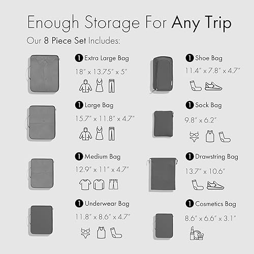 Miniatura 2 de (No fabricado en China) Juego de 8 cubos de embalaje para viajes, equipaje y maleta, nailon ligero e impermeable (peltre)