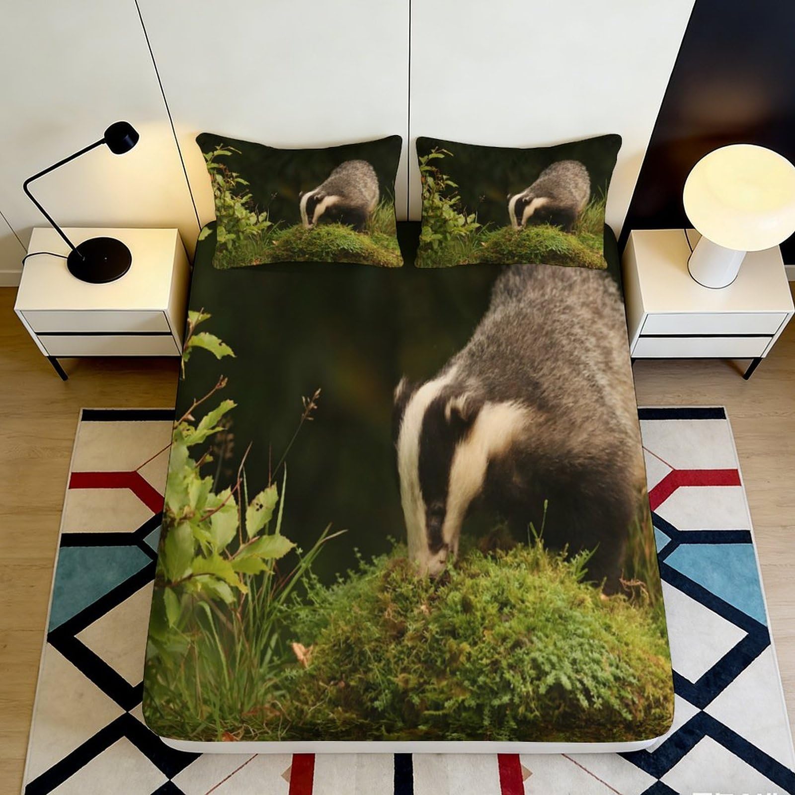 3D Printed Badger Forest Fitted Sheet Microfiber Soft Decorative Woodland Bed Cover for Bedroom Guest Room 90x200x25cm