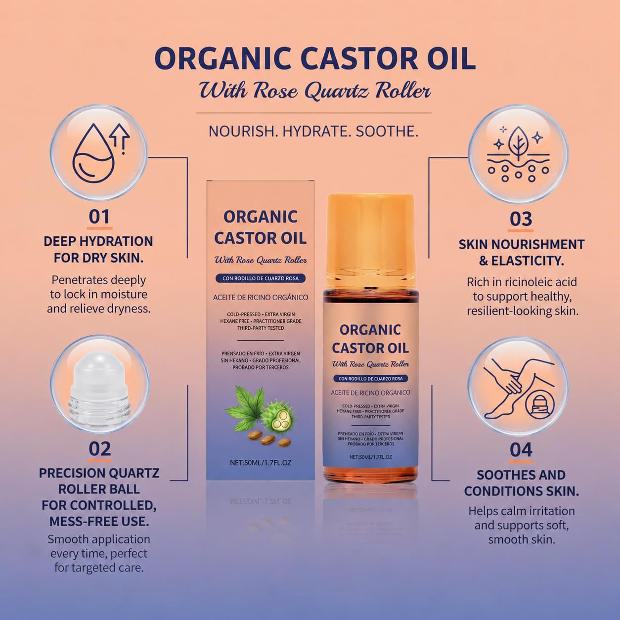 Castor Oil with Rose Quartz Roller Ball, Cold Pressed Castor Oil Roll On for Hair, Skin, Face, Scalp, Brows & Lashes, Deep Hydration & Anti-Aging, Travel Size 1.7 Fl Oz