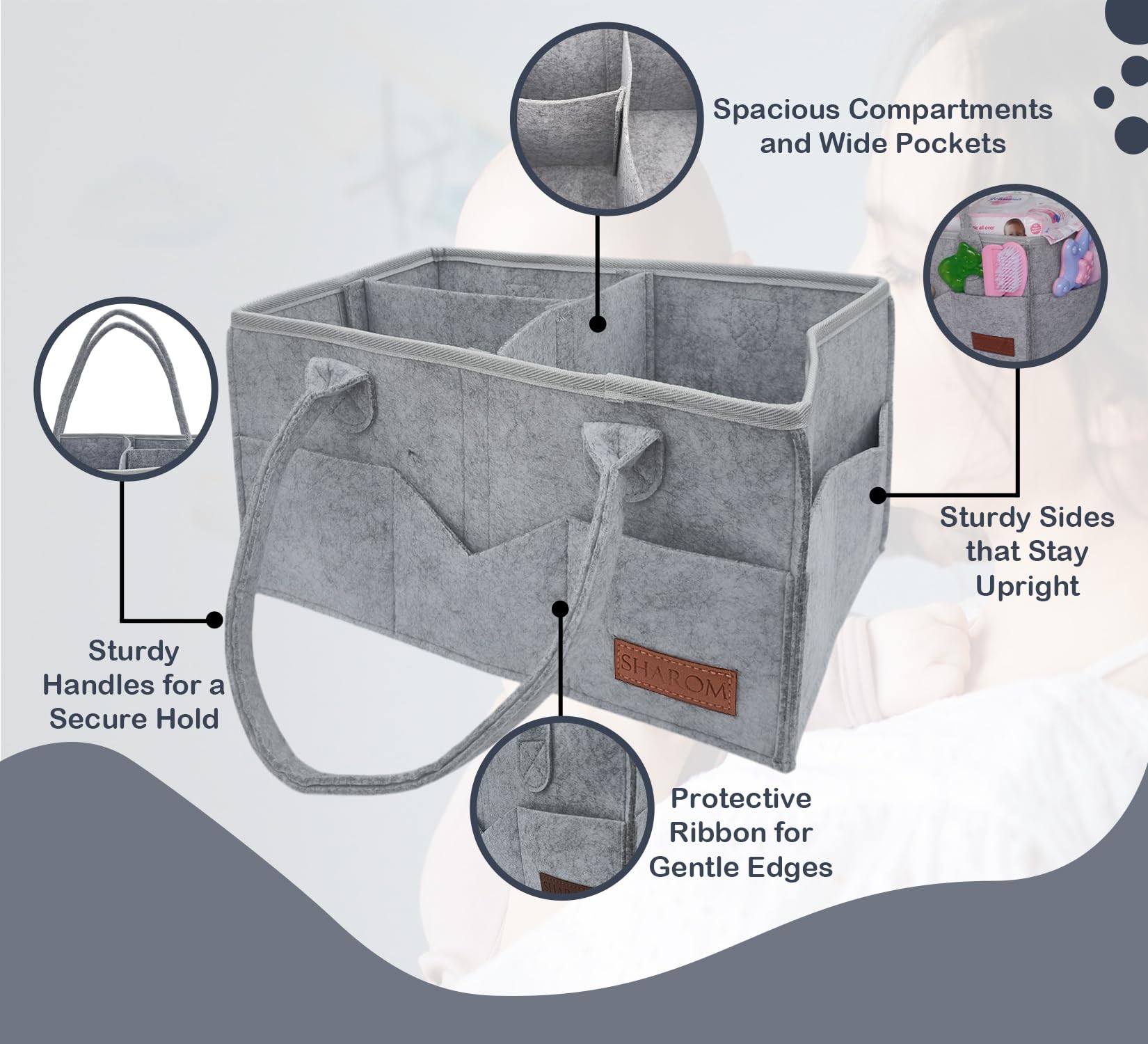 SHAROM Nappy Caddy Organiser. Sturdy & Portable Baby Diaper Cady with 3 Big Adjustable Compartments & 8 Big Pockets For Storage. Washable Diaper Caddy for Newborn Essentials,34*22*18 cm (Dark Grey) - Image 3