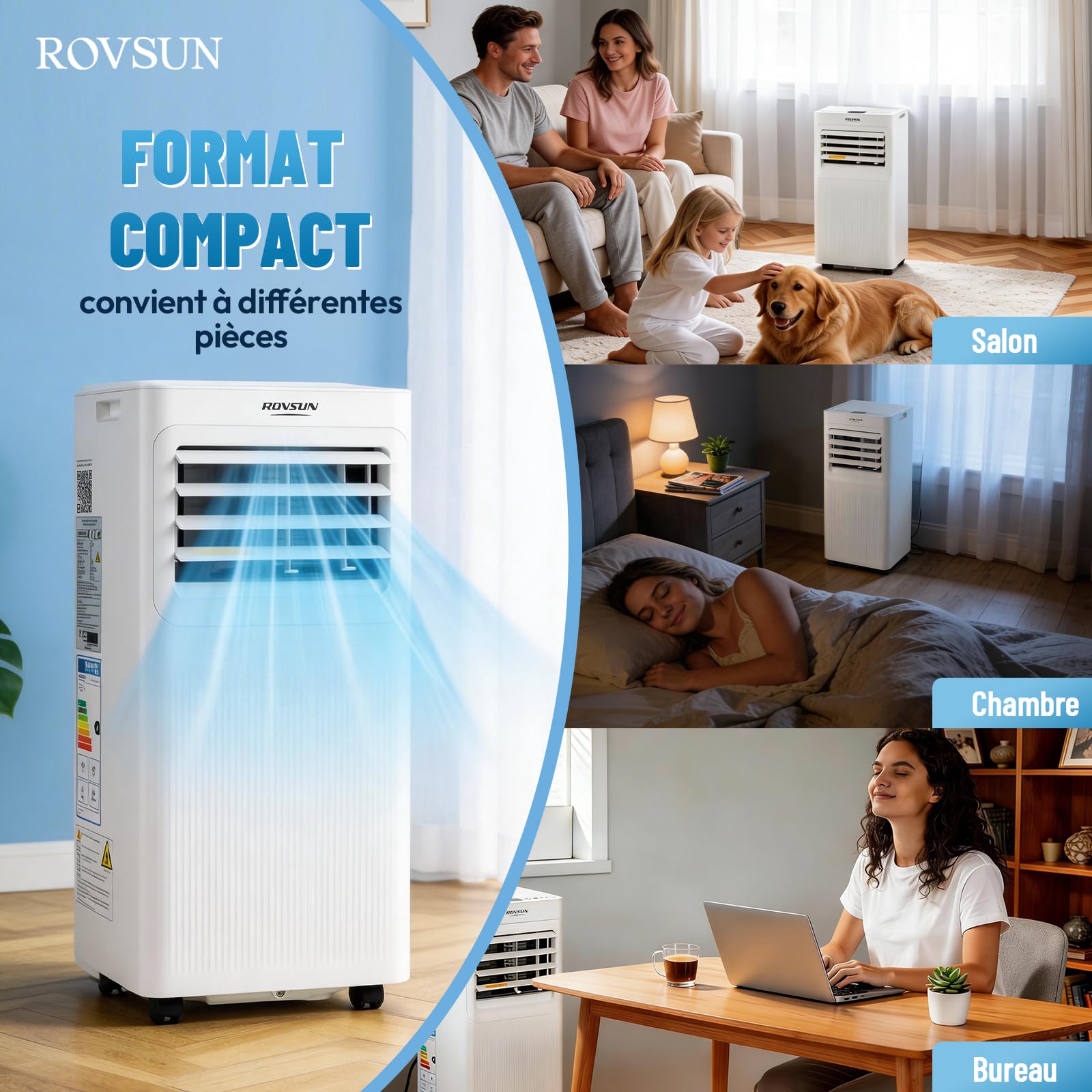 ROVSUN Climatiseur Mobile 7000 BTU 4 en 1 – Rafraîchissement, Ventilation, Déshumidification, Mode nuit Silencieux <65 dB, Minuterie 24h, Roulettes 360°, Télécommande + Wi-Fi, 20 m², Blanc, classe A
