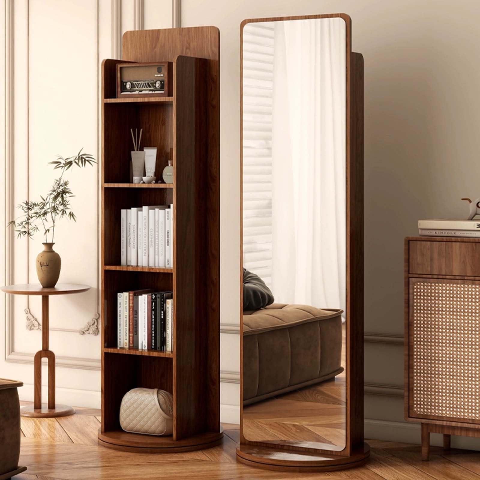 Full-Length Mirror with Storage Shelf, 2-in-1 Floor Standing Mirror and Wood Bookshelf, 360° Rotating, 5-tier Storage Space, for Bedroom, Living Room, Study Room