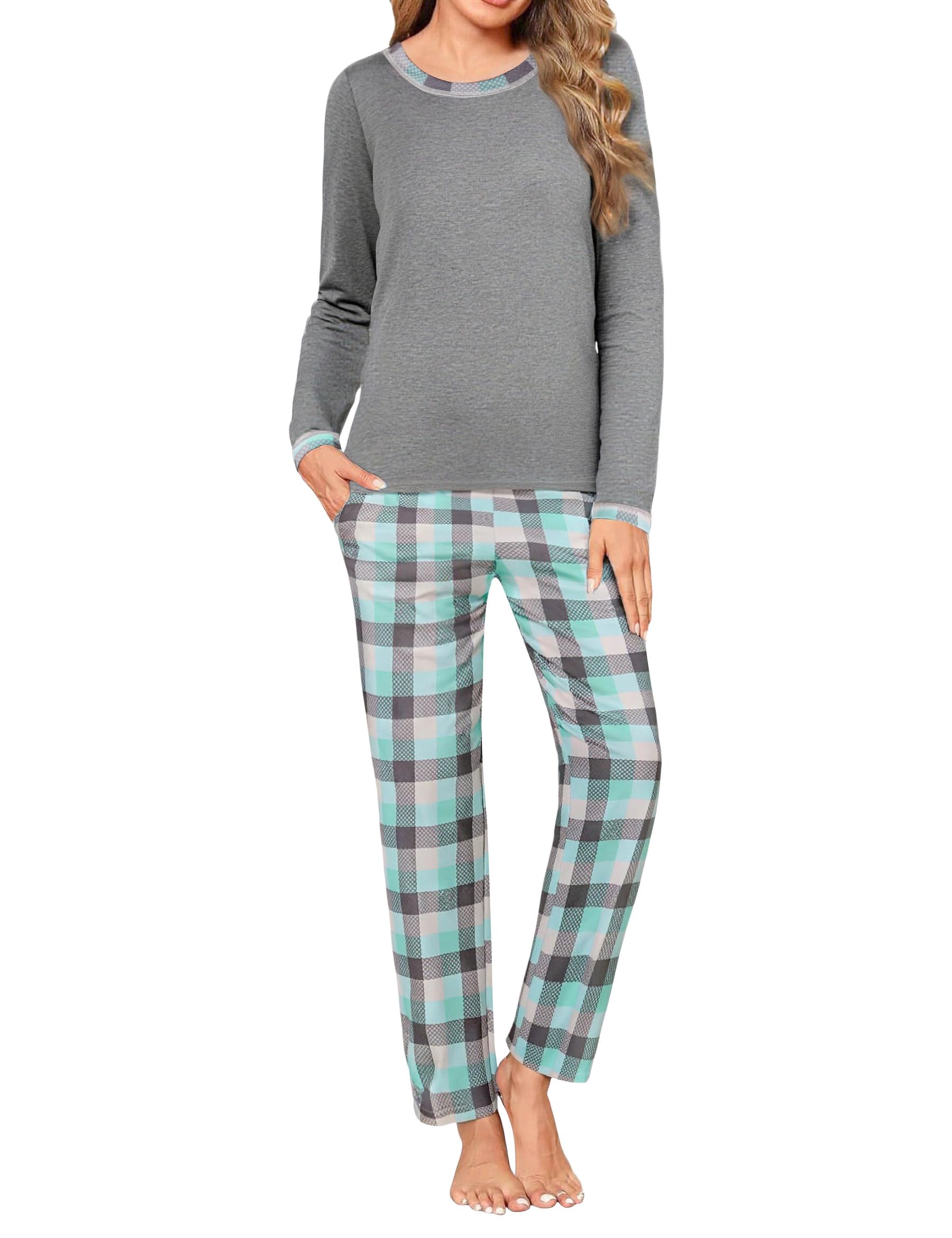 Uniexcosm Schlafanzug Damen Lang Zweiteiler Pyjama Set Rundhals Oberteil und Karierte Pyjamahose Herbst Winter Loungewear für Frauen