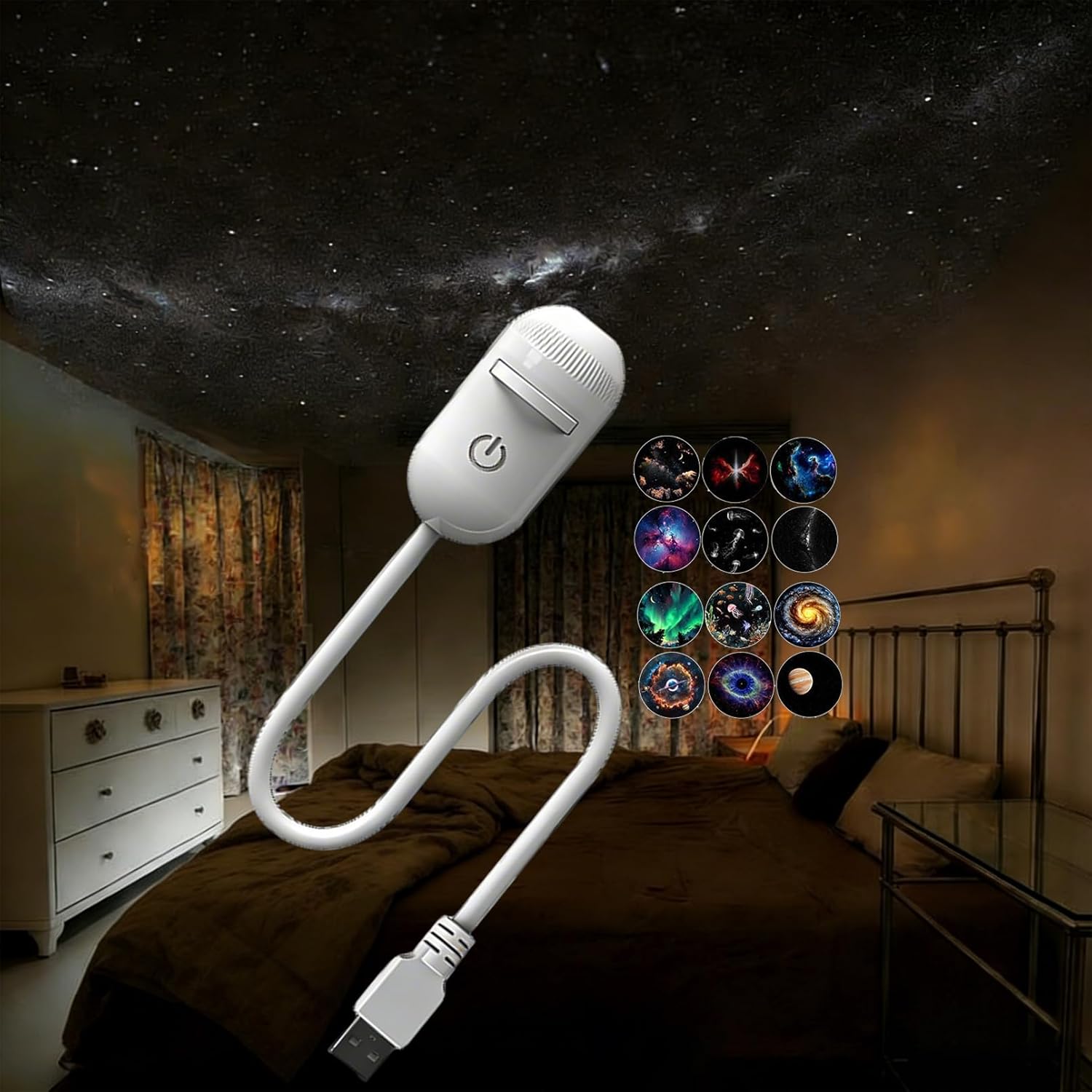 2-in-1 Galaxy Projector Night Light, USB Portable Sky Night Light Projector with 3/6/12 Projection Films, Adjustable Brightness 360° Rotating Design for Car and Bedroom Decoration (12 Slides)