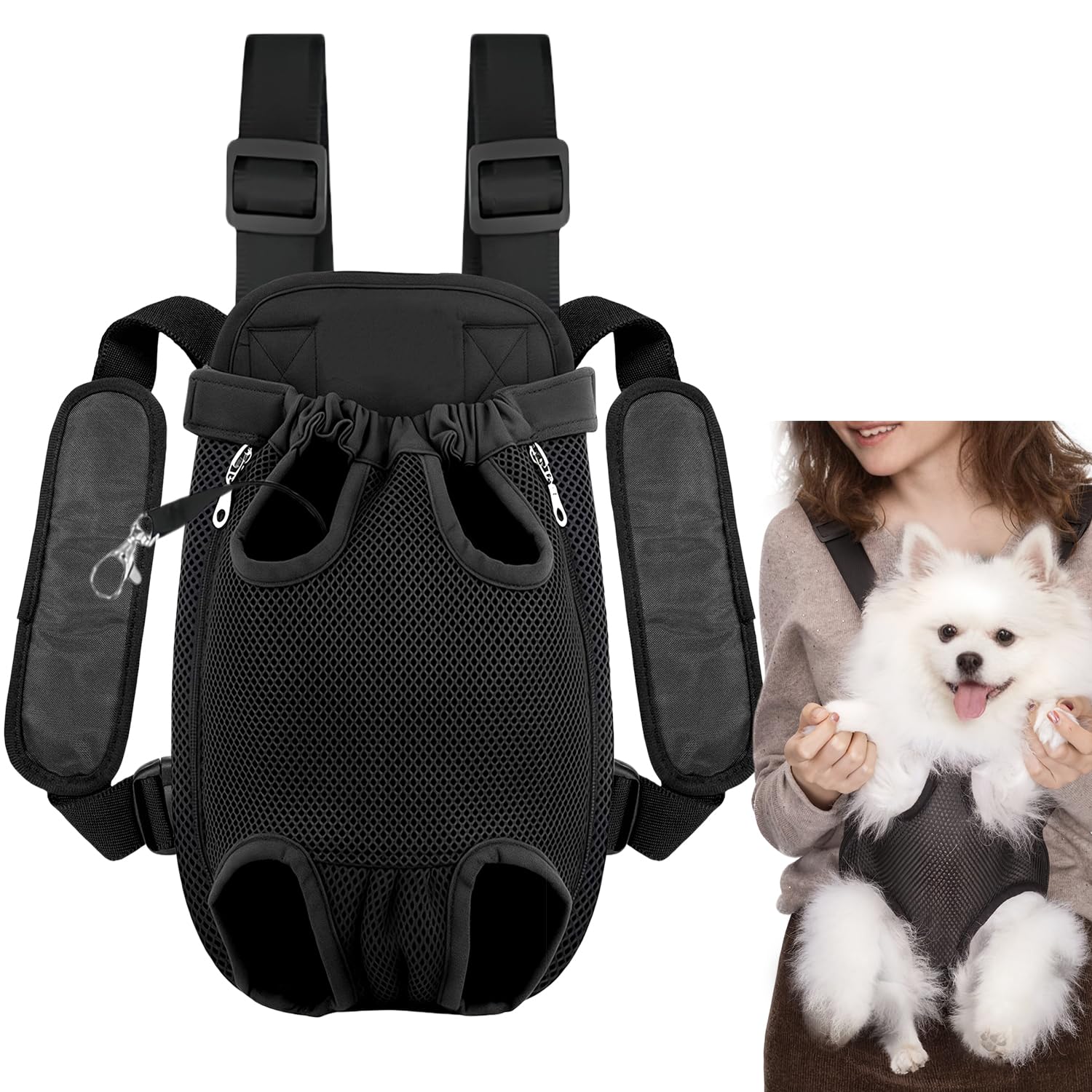 Hunderucksack, Verstellbarer Haustierrucksack, Haustier-Front-Hunderucksack, einfach anzubringen für Wanderungen und Reisen für kleine und mittelgroße Hunde (Schwarz-XL)