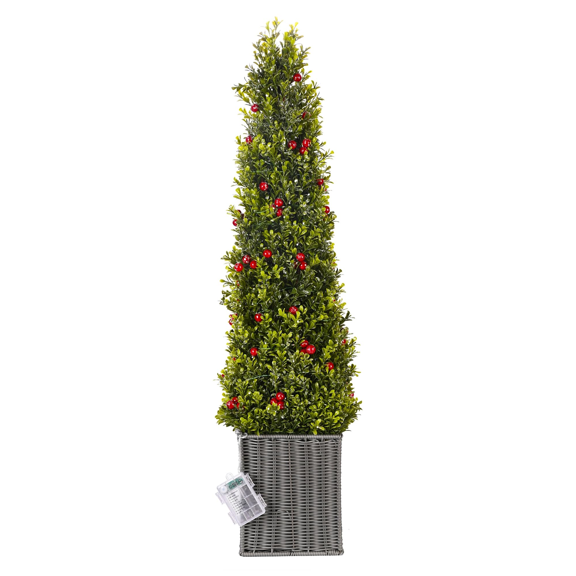 2 Pack 3FT Artificial Boxwood Topiary Christmas Tree with 60 LED, 36” Potted Boxwood Tree Christmas Topiary Cone Artificial Plant Shrub for Front Porch Home Office Decor