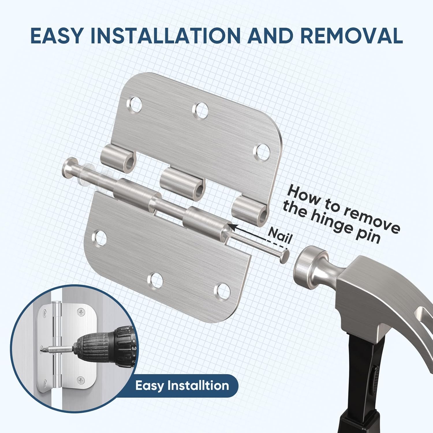 TICONN 30-Pack 3.5 Inch Door Hinges with Removable Pin, 3-1/2 x 3-1/2 Inch Iron Bifold Residential Doors Hardware (5/8" Radius Corner, Satin Nickel, 30 Pack)