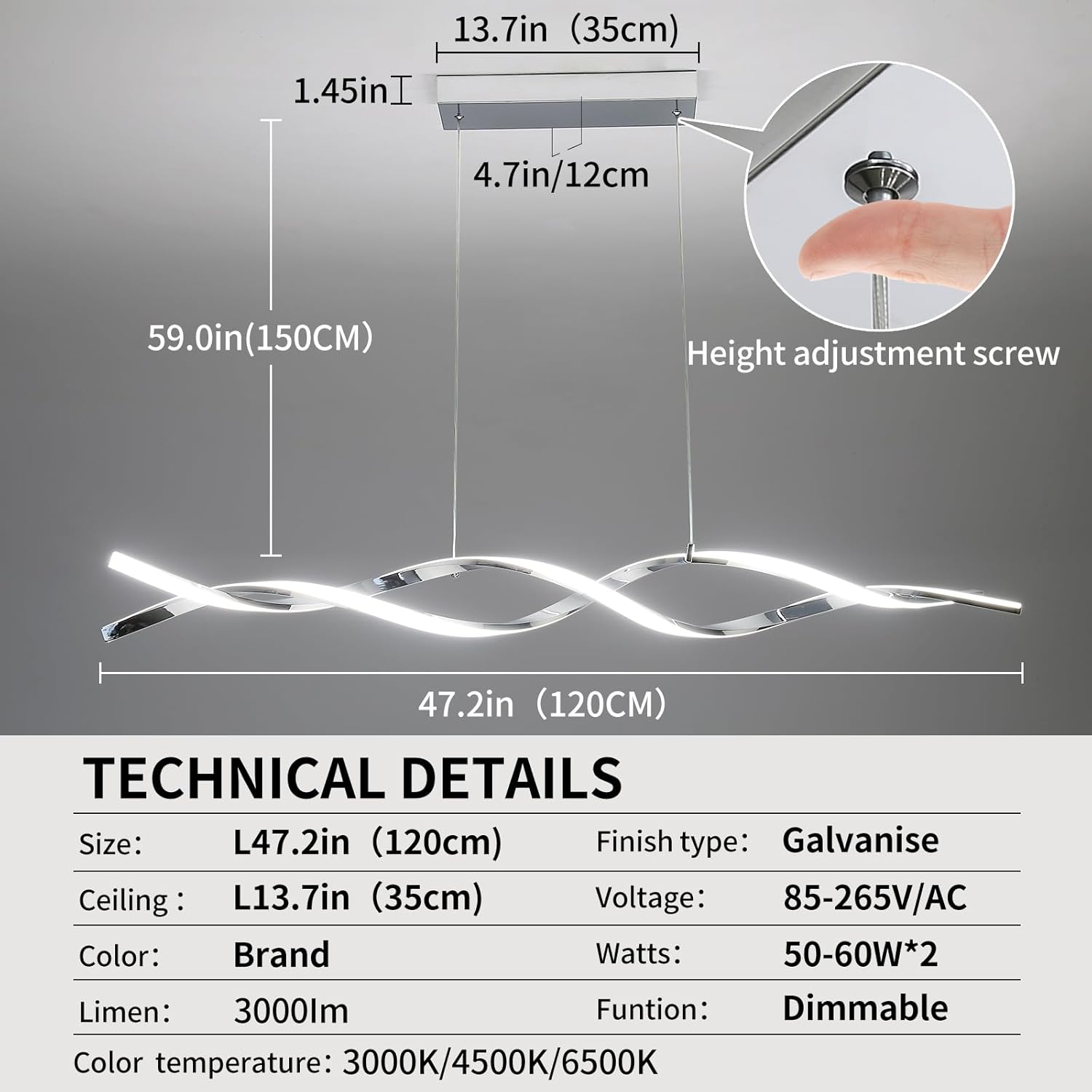modern ceiling chandelier light, acrylic anti flicker pendant lamp with remote control dimmable 3 color mode & brightness (warm cool neutral light) for kitchen bar cc 47in