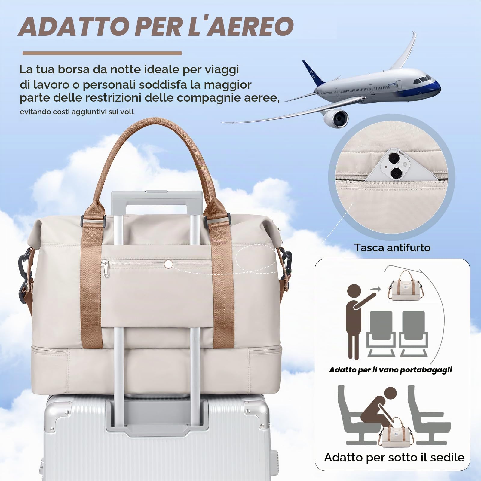 Borsone da Viaggio Sottovuoto con pompa,Bagaglio a Mano Easyjet Borsa da Viaggio con Scomparto per le Scarpe, Borsa da Cabina per Easyjet Borsa Sportiva Borsone da Palestra da Weekend,R3-Beige Marrone