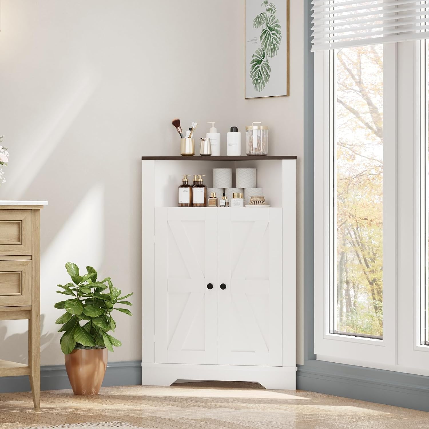 IDEALHOUSE Corner Storage Cabinet, Farmhouse Small Floor Corner Cabinet with Door and Adjustable Shelf, Narrow Cabinet Organizer for Bathroom,Pantry, Living Room, Kitchen